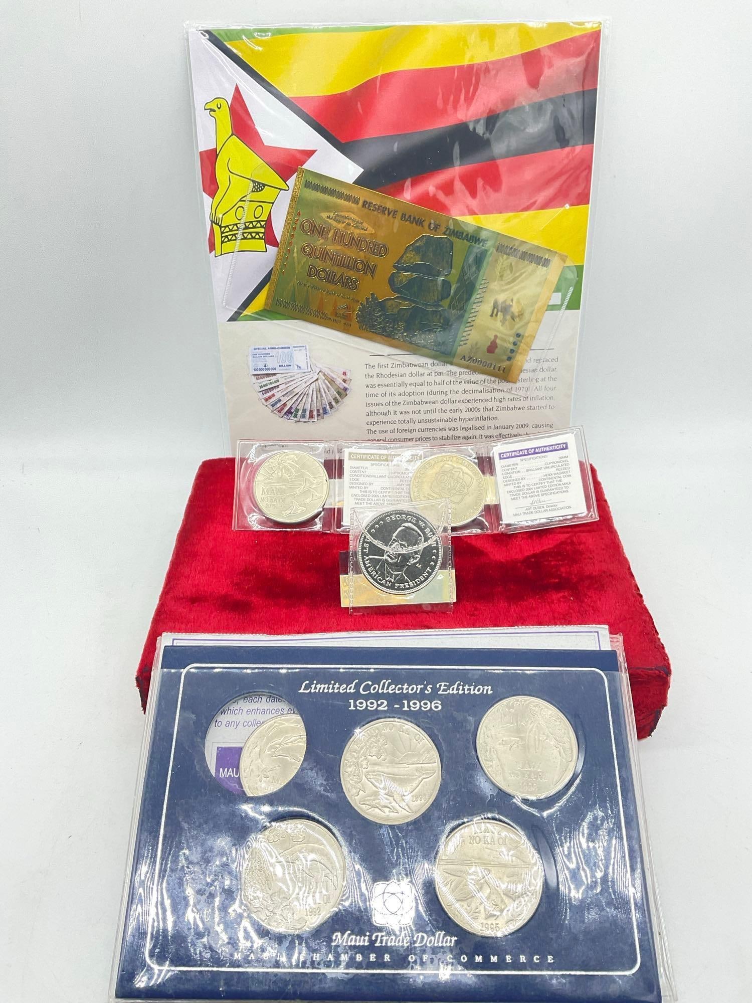 Maui Trade Dollar 5 coin 1992-96 Collectors ed. W/COA +2 more & 24K Gold Foil Bill Zimbabwe: C-5010 2 extra Maui dollars are 2004-05 plus George Bush Comm Coin The 24K Golds Gilded bill is One Hundred Quntillion Dollars from Zimbabwe on presentation card.