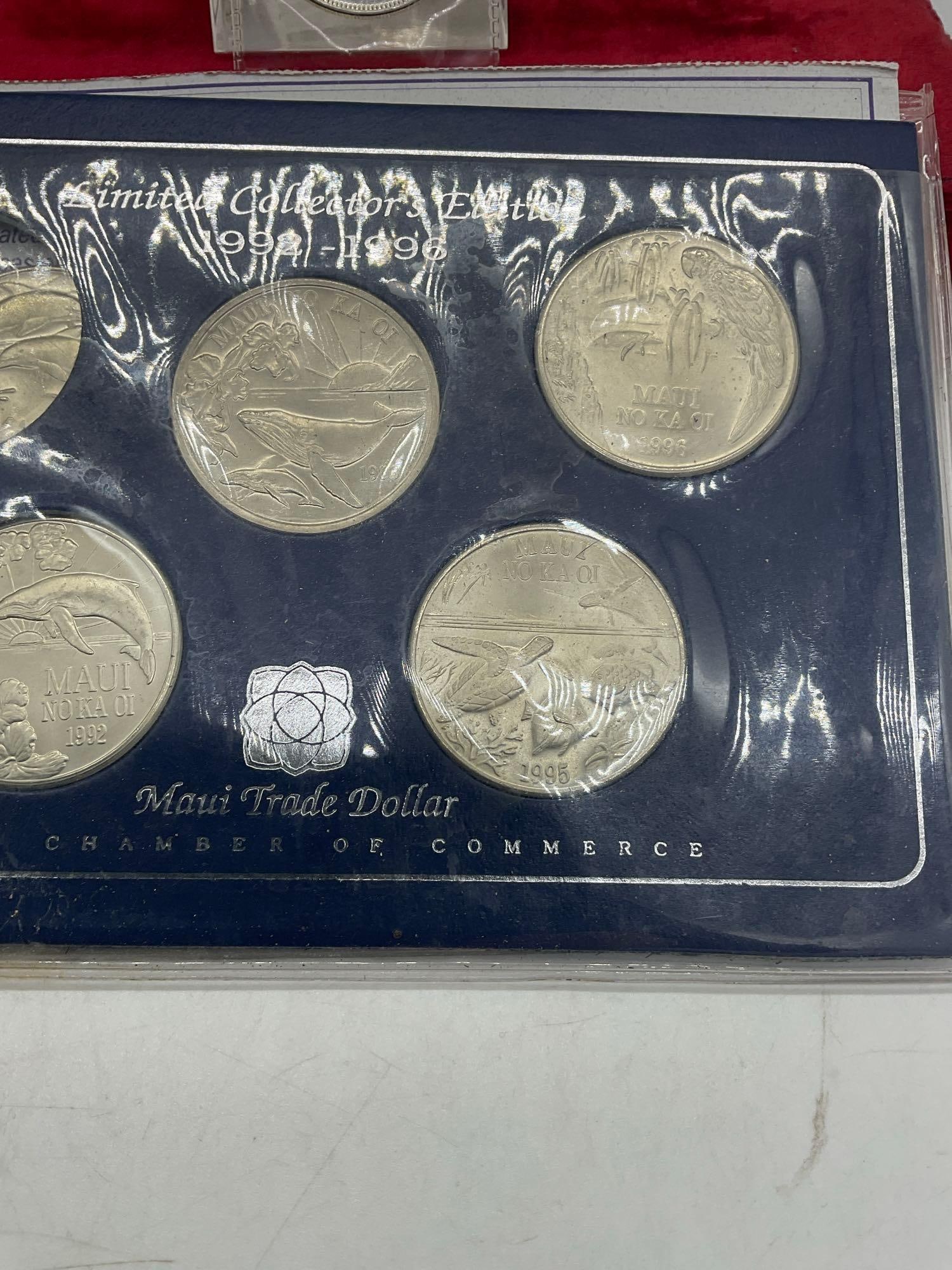 Maui Trade Dollar 5 coin 1992-96 Collectors ed. W/COA +2 more & 24K Gold Foil Bill Zimbabwe - 2