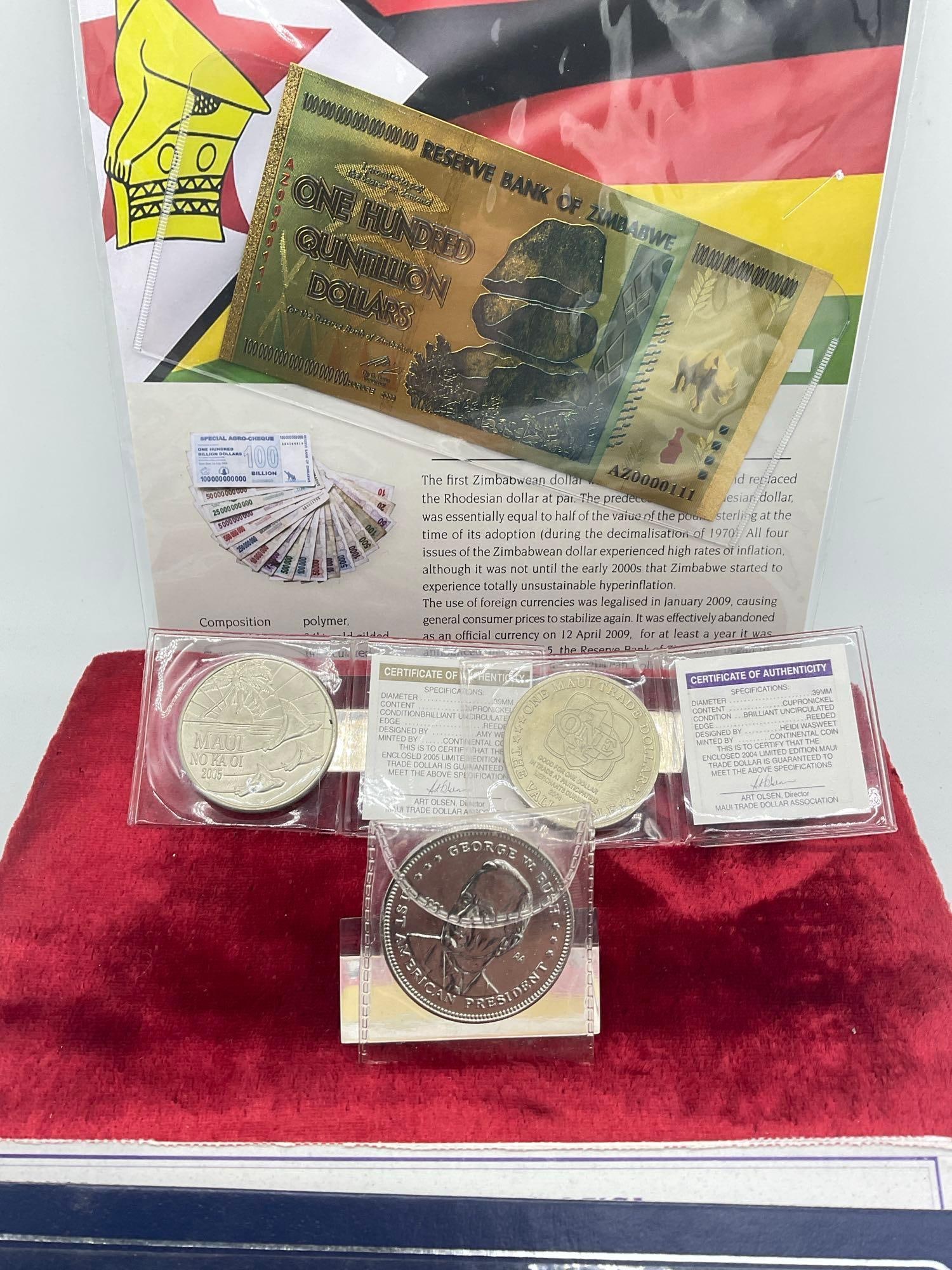 Maui Trade Dollar 5 coin 1992-96 Collectors ed. W/COA +2 more & 24K Gold Foil Bill Zimbabwe - 3