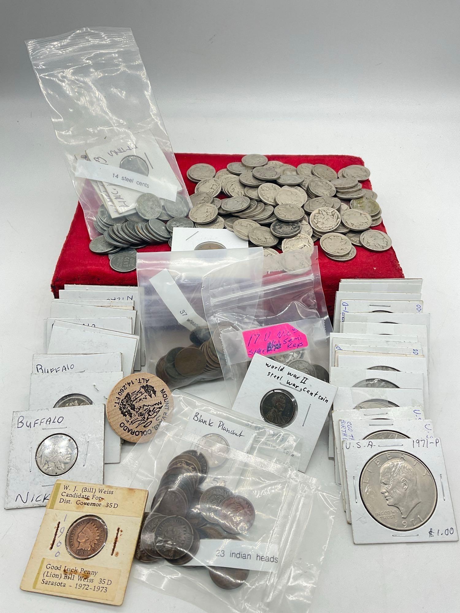 Approx.110 Buffalo Nickels, 16 x Eisenhower Dollars, 23x Indian Head Pennies 17 Victory Nickels (1 of 7)