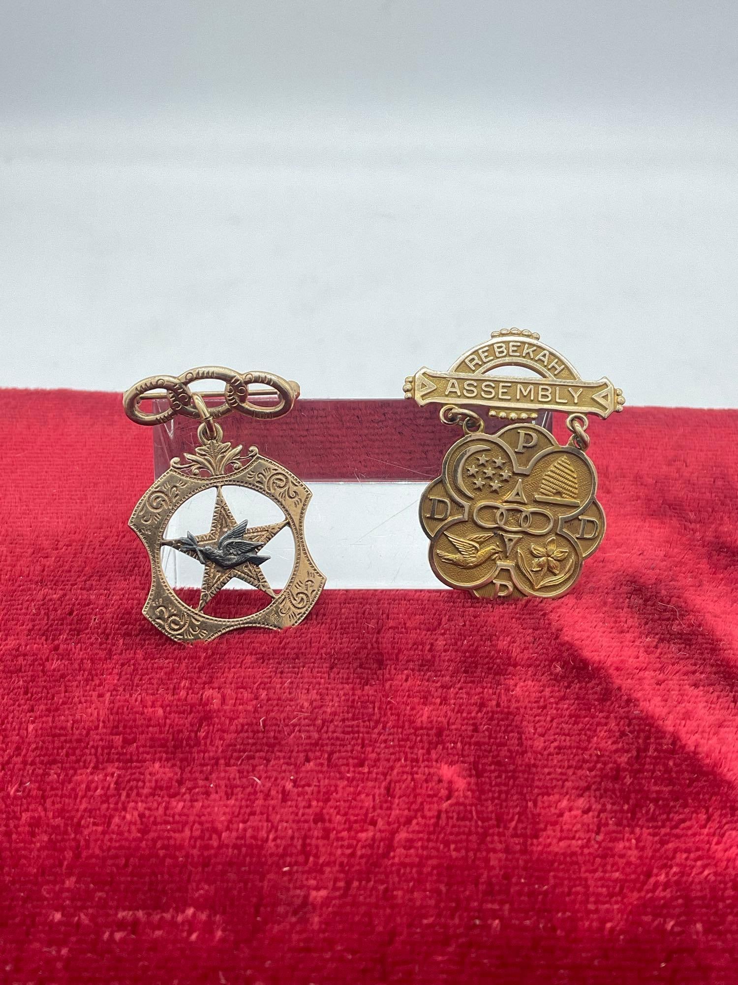 2x 10k gold Award Pins 1 w/ very small Sterling Silver Dove w/ olive branch 13.15 Grams: c-414 