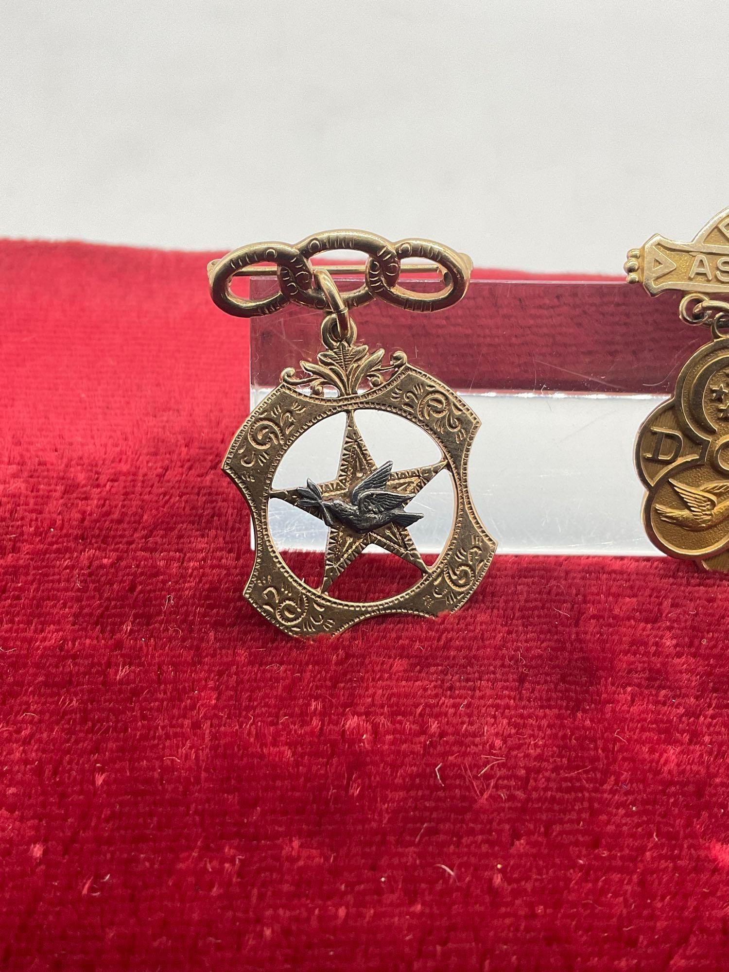 2x 10k gold Award Pins 1 w/ very small Sterling Silver Dove w/ olive branch 13.15 Grams - 2