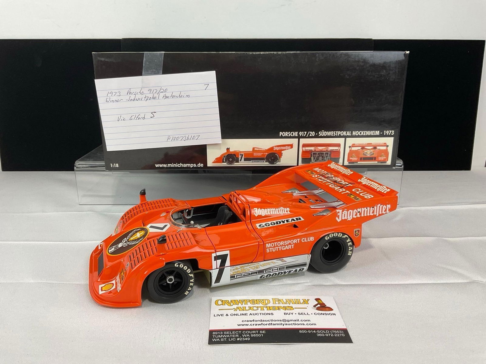 Minichamps 1973 Porsche 917/20 Signed by Vic Elford, 1/18 Scale Diecast Car Model orig box: Winner of Sudwestpokal Hockenheim, 1973. Appears to be in good shape. The piece measures approx 6h x 13w x 8d inches. See pics. E-5420 