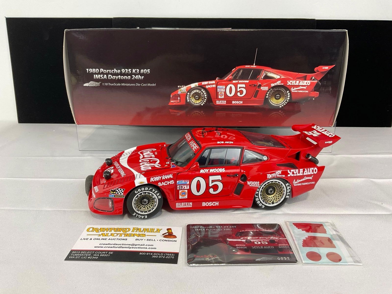 TrueScale 1980 Porsche 935 3 IMSA Daytona 24H, Signed by Bobby Radal, 1/18 Scale Diecast Car Model: Original box. Signed by Bobby Radal on the roof of the car. Appears to be in good shape. The piece measures approx 6h x 14w x 8d inches. See pics. E-5420