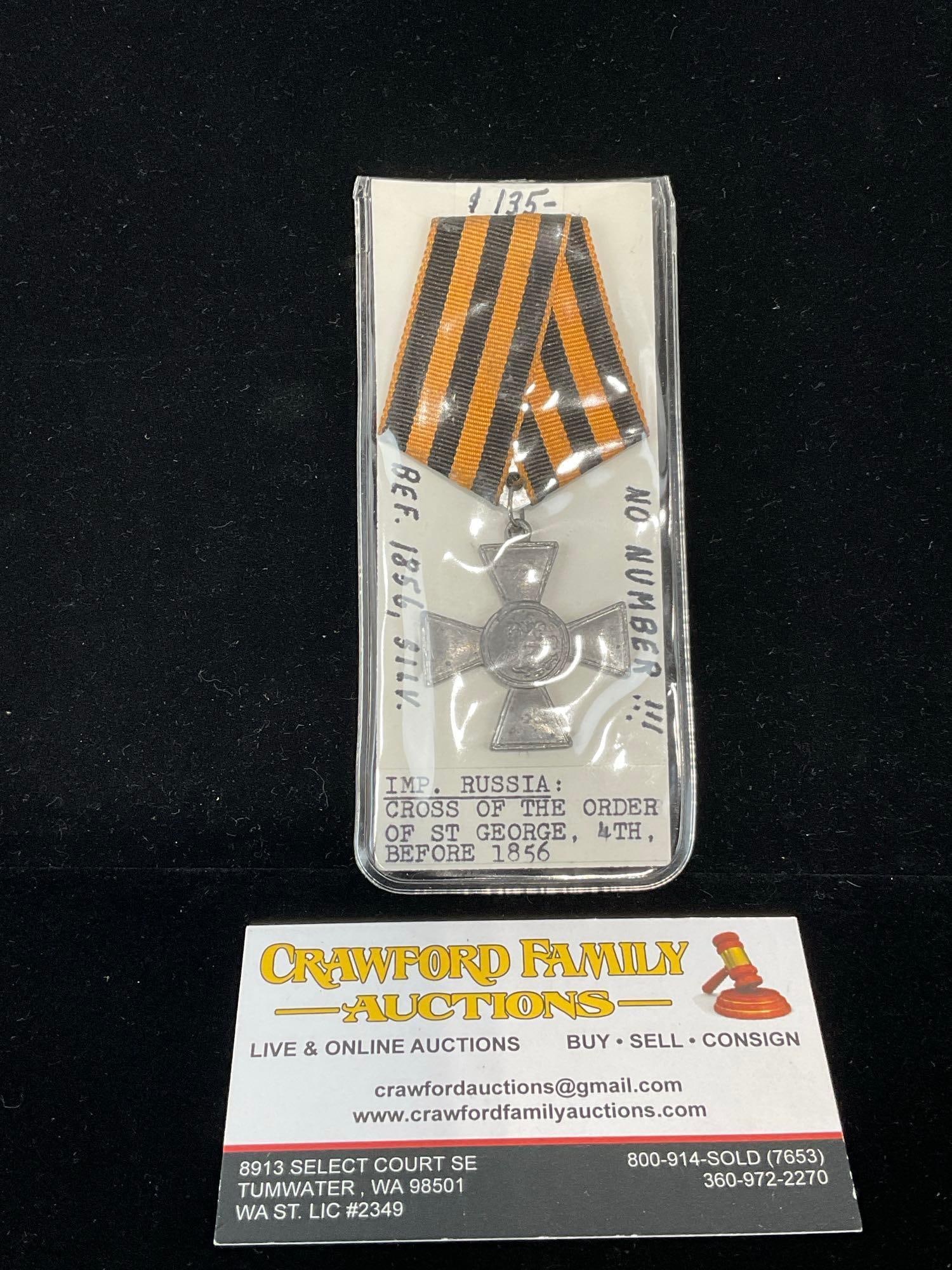 Antique Pre-1856 Imperial Russia, Cross of the Order of St George, 4th class, Maltese style Cross: Shows the Coat of Arms for the City of Moscow, which shows St. George slaying a basilisk on horseback. All from a single collection, these are briefly described on the tag and were kept in a display.