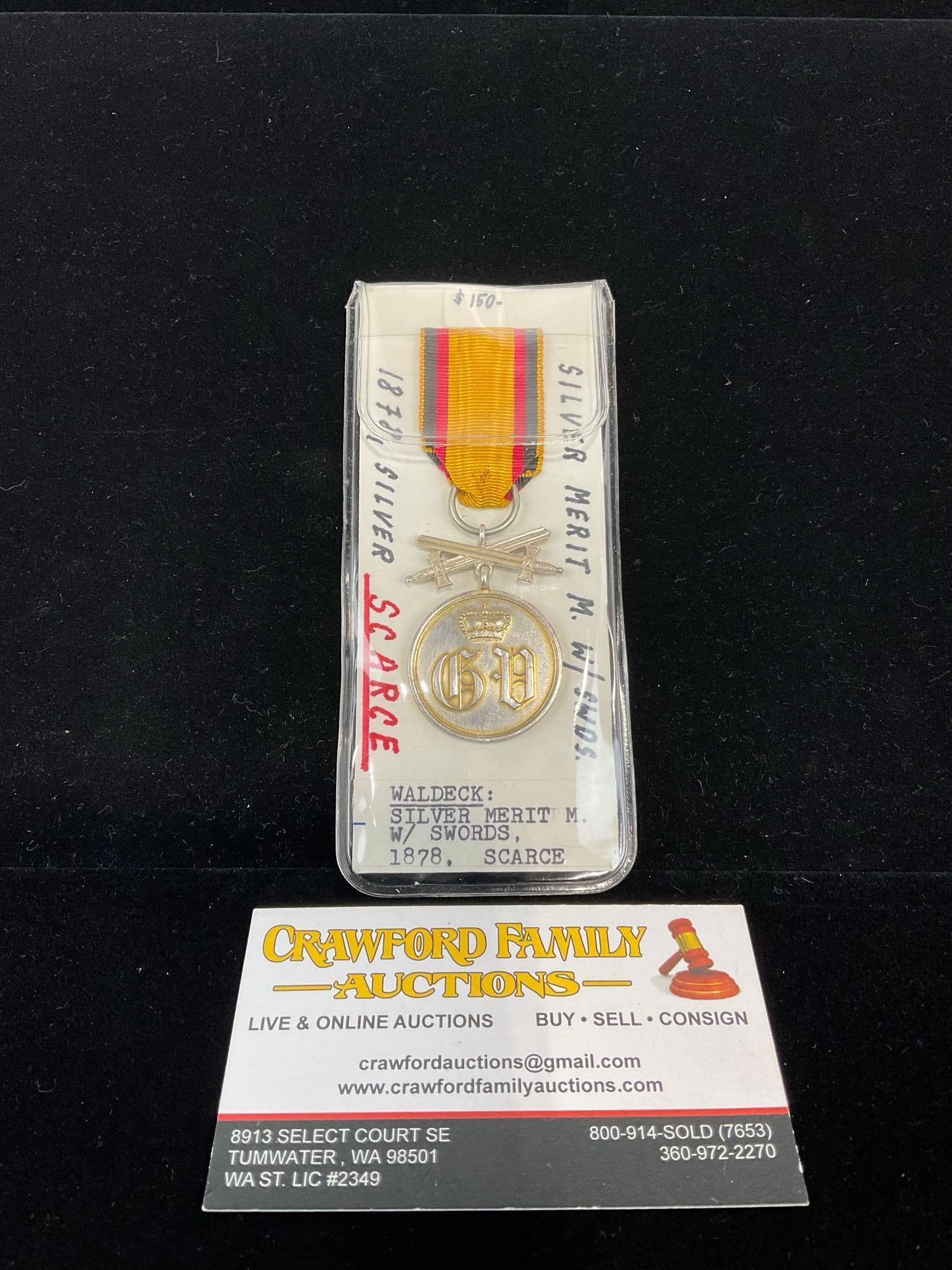 Antique 1878-WW1 Imp. Germany, Waldeck Silver Merit Medal w/Swords, very scarce: All from a single collection, these are briefly described on the tag and were kept in a display. They measure approx 6h x 3w x 2d inches. See pics. E-5300