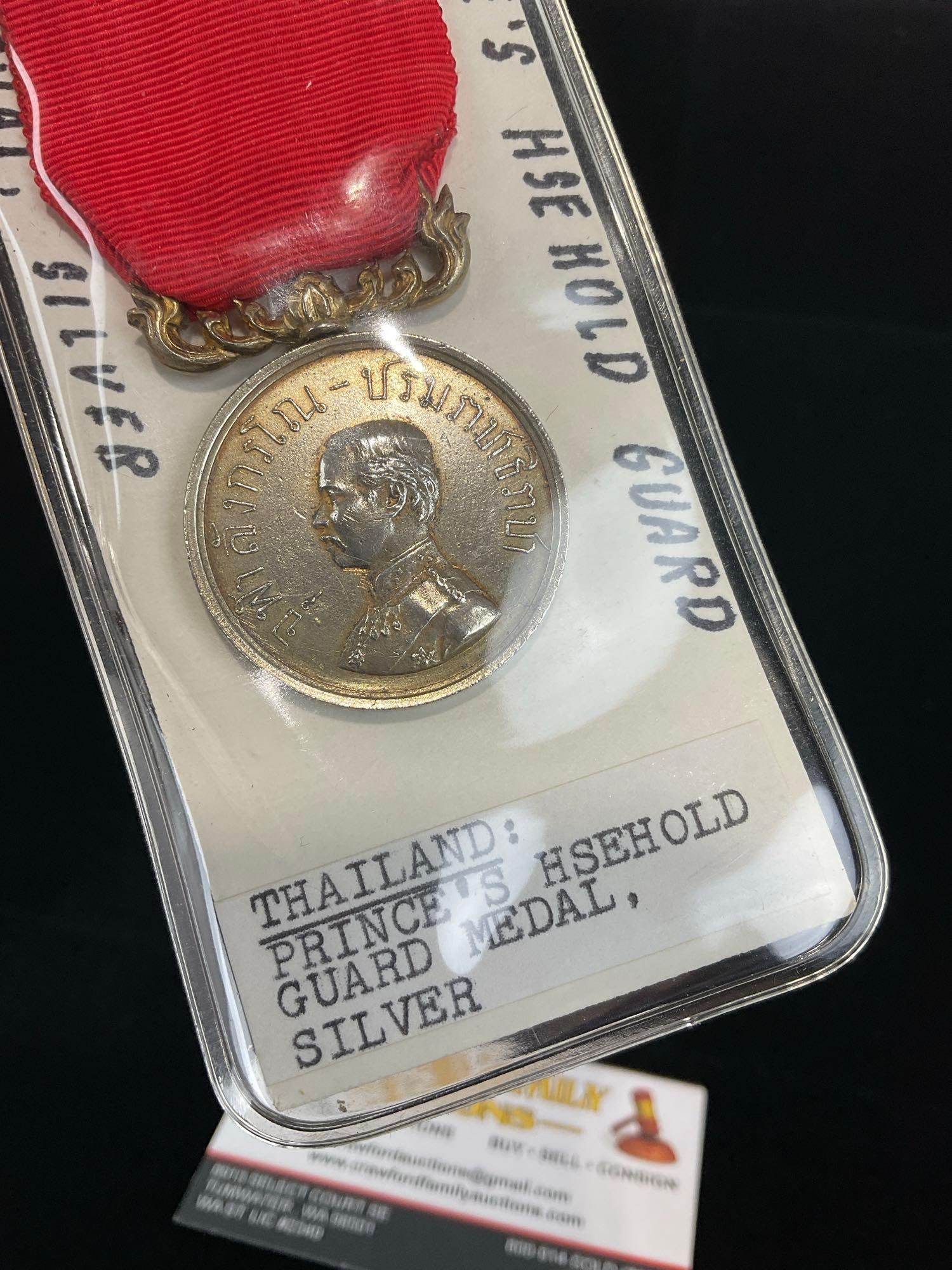 Vintage Thailand Princes Household Guard Medal, Silver, Red Ribbon - 2