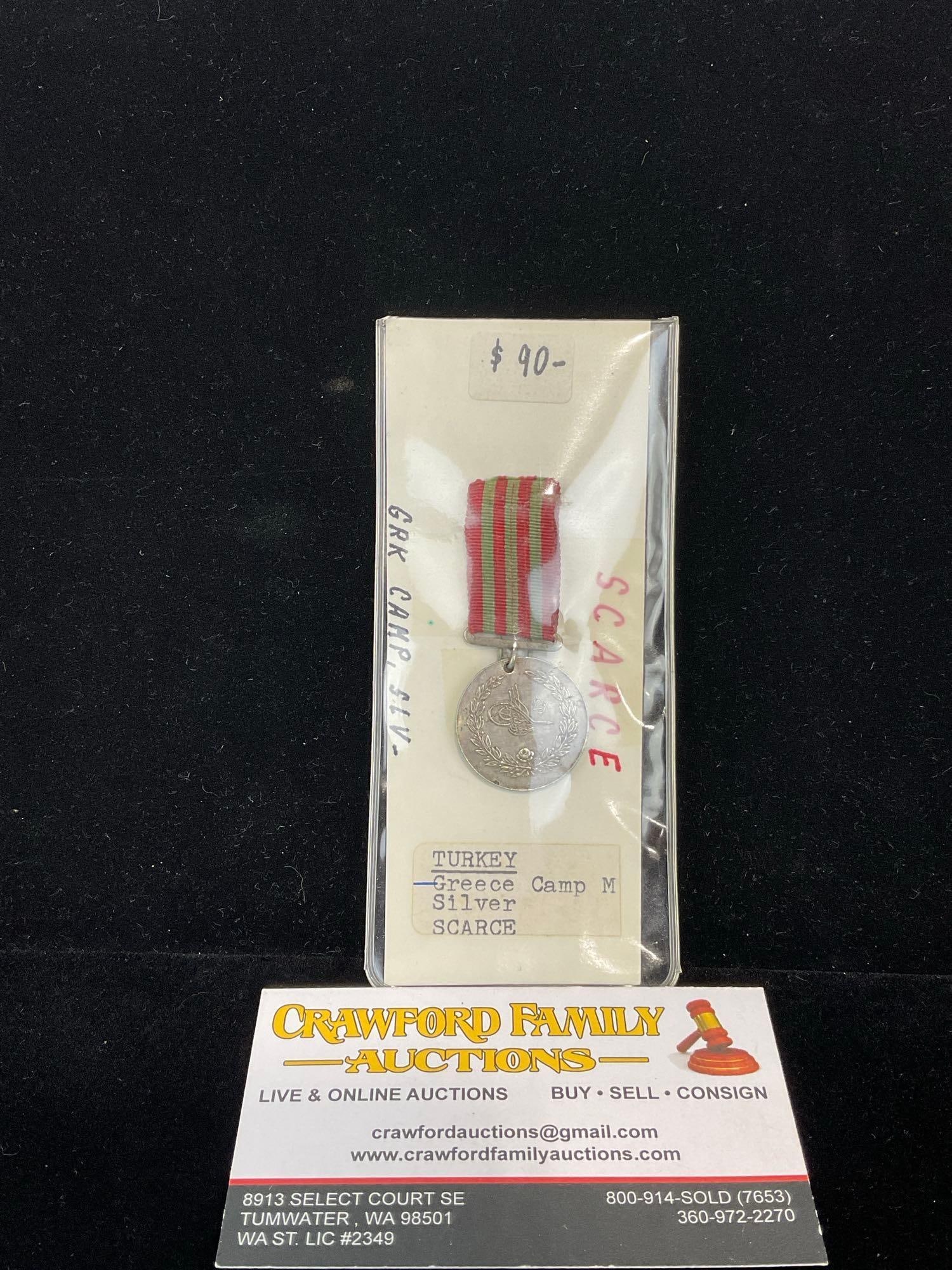 Antique 1897 Ottoman Empire Greek War Campaign Medal, Silver, Scarce: Should be sterling silver. All from a single collection, these are briefly described on the tag and were kept in a display. They measure approx 6h x 3w x 2d inches. See pics. E-5300 