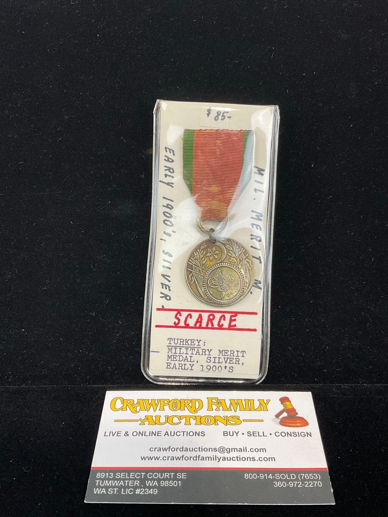 Antique Late 19th Cent-Early 20th Cent. Ottoman Empire Medal of Glory, Scarce: Should be sterling silver. All from a single collection, these are briefly described on the tag and were kept in a display. They measure approx 6h x 3w x 2d inches. See pics. E-5300