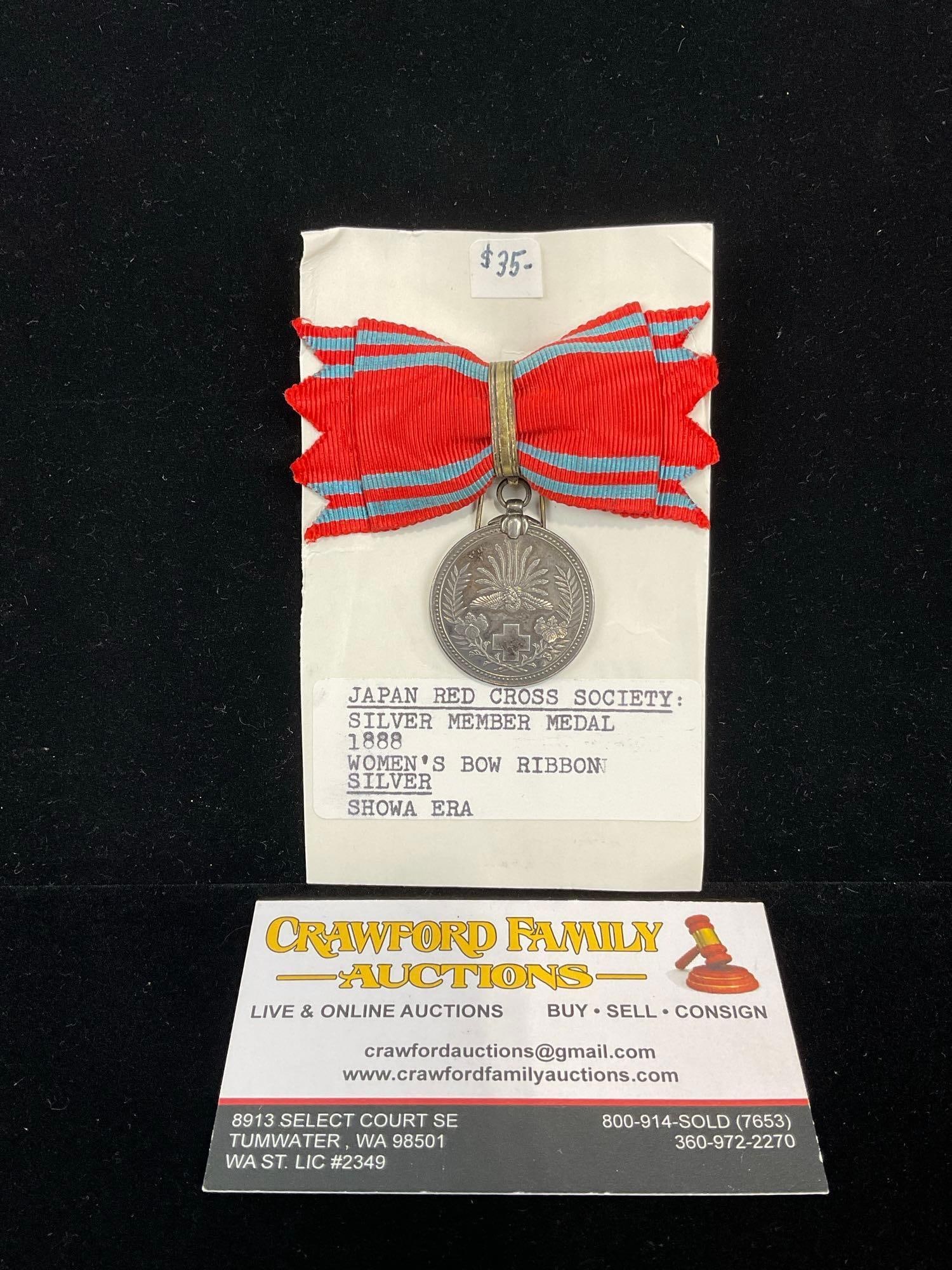 Vintage Pre-1941 Japan Red Cross Society Member Medal, Womens, Sterling Silver, Red Ribbon: All of these pieces were marked 1888. Medals made before 1941 were made out of sterling silver. All from a single collection, these are briefly described on the tag and were kept in a display. They