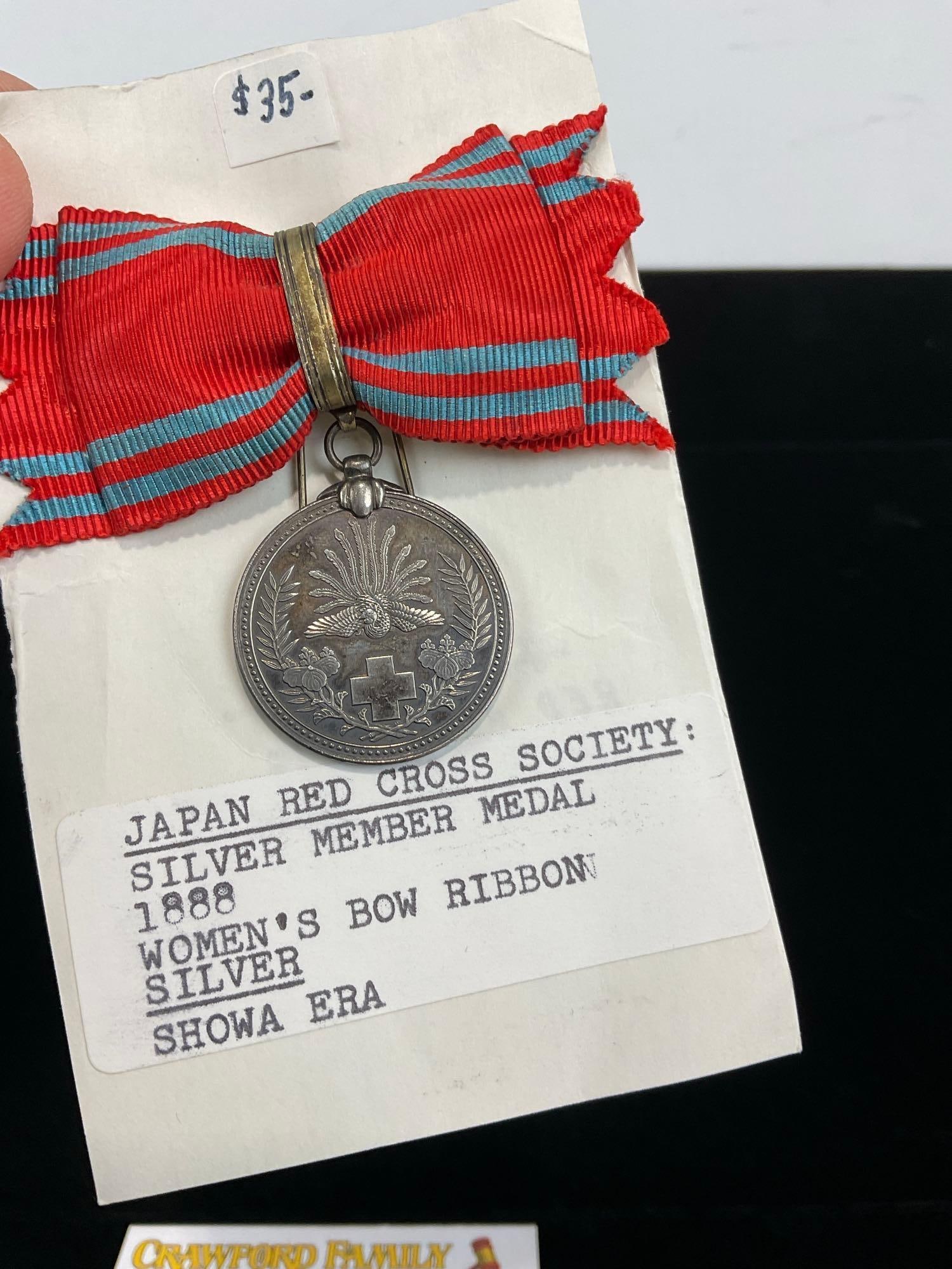 Vintage Pre-1941 Japan Red Cross Society Member Medal, Womens, Sterling Silver, Red Ribbon - 2
