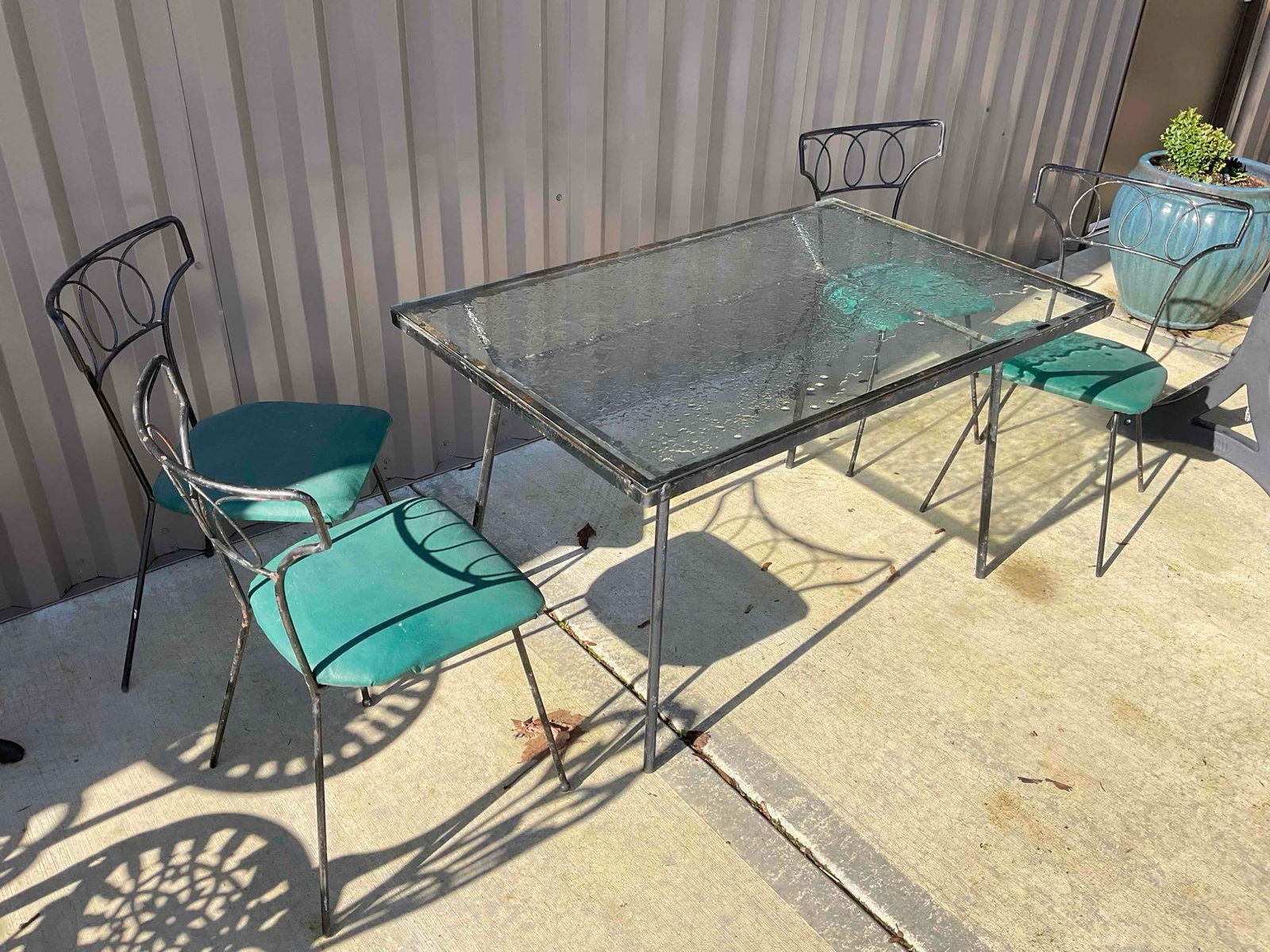 5 pcs Black Metal Patio Set, w/ 1x Glass Topped Table & 4 Chairs w/ Vinyl Seats. Good Condition. - 2