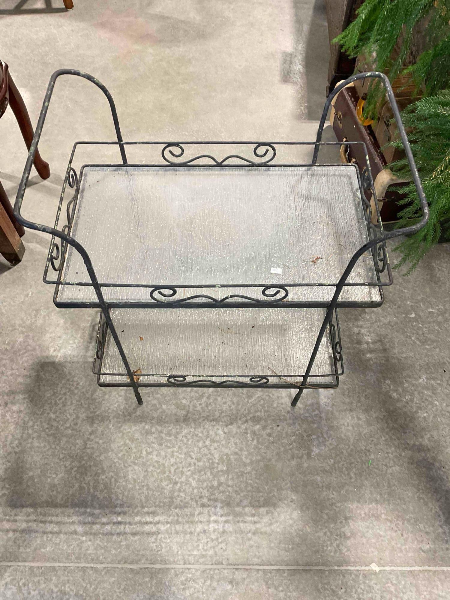 Vintage Black Metal 2-Tier Side Shelf w/ Textured Glass Shelves. Good Condition. See pics. (1 of 6)