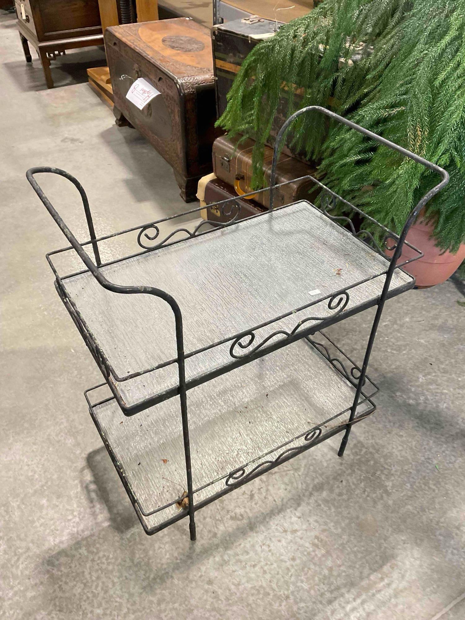 Vintage Black Metal 2-Tier Side Shelf w/ Textured Glass Shelves. Good Condition. See pics. - 3