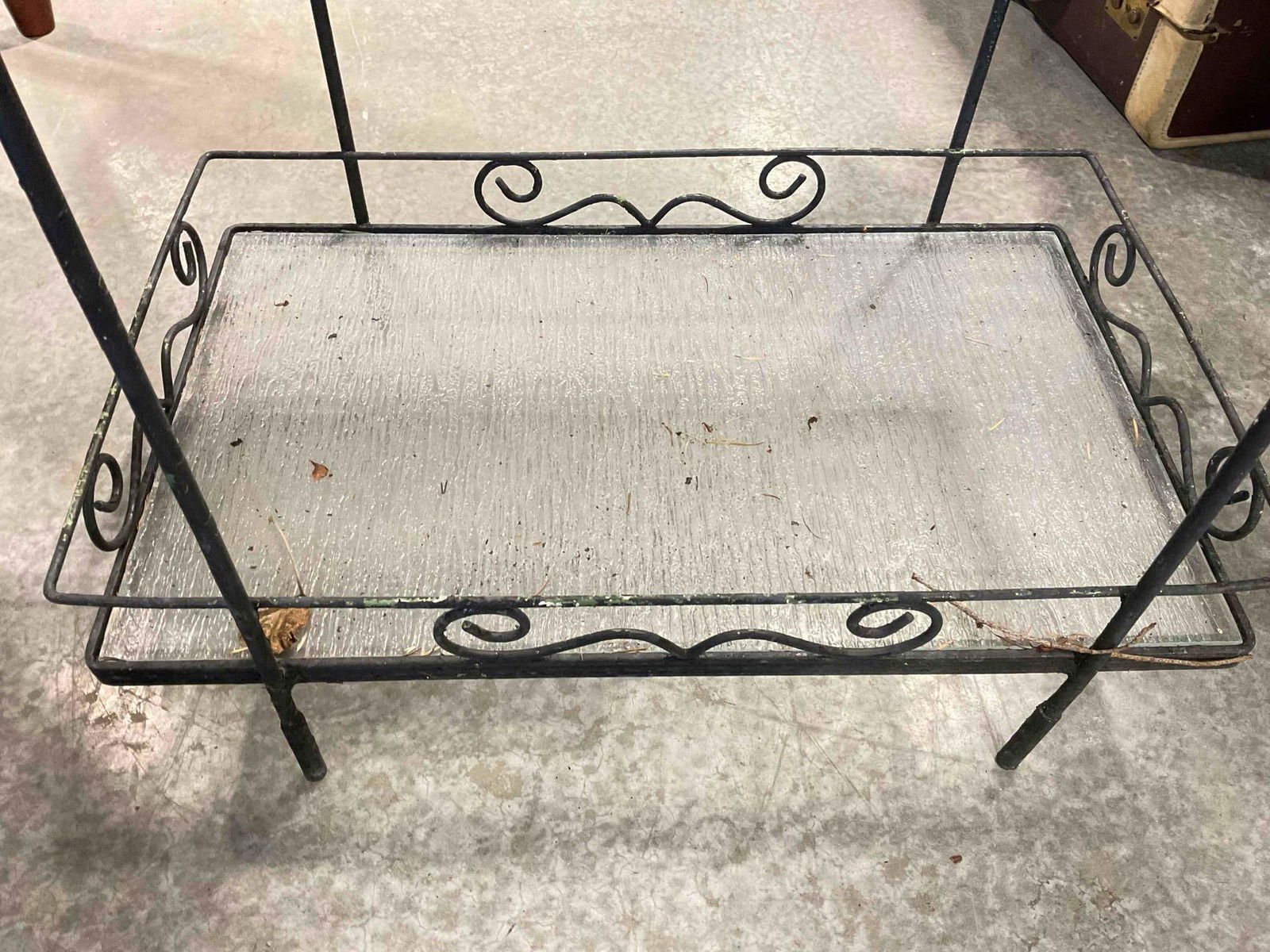 Vintage Black Metal 2-Tier Side Shelf w/ Textured Glass Shelves. Good Condition. See pics. - 5
