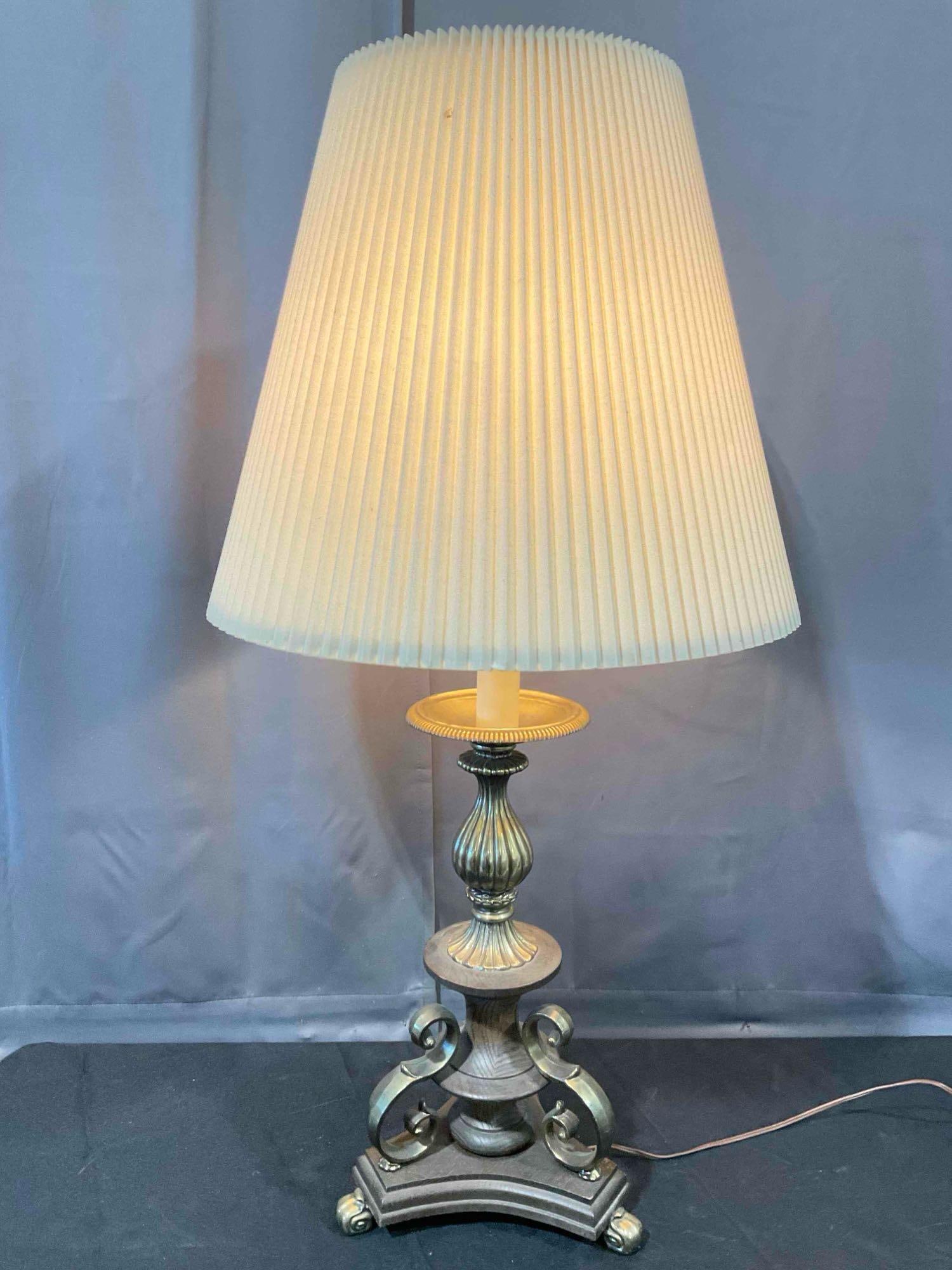 Vintage Wood & Brass Table Lamp w/ Cream Cloth Shade. Tested, Works. Very Good Condition. (1 of 6)