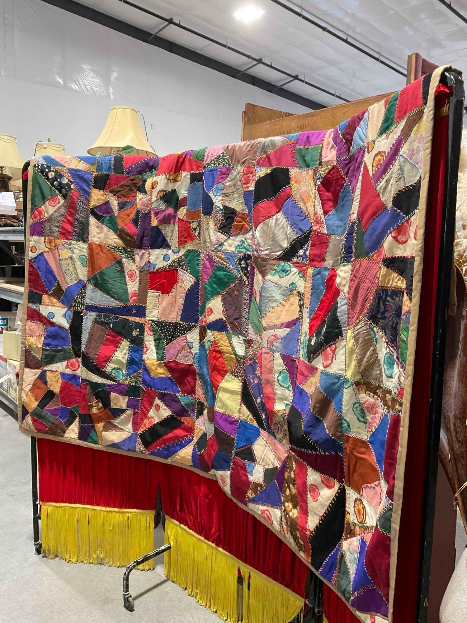 Vintage Colorful Mixed Fabric Patchwork Hand Quilted Bedspread Blanket. Very Good Condition. - 2