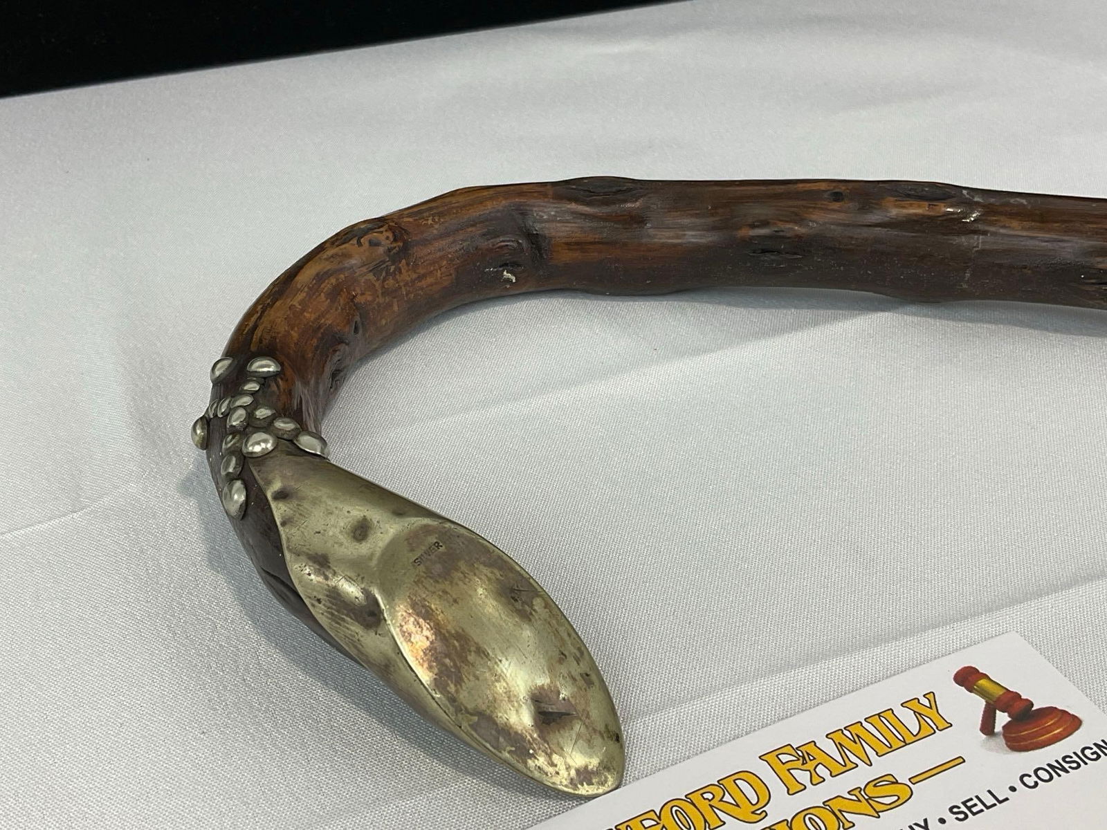 Antique Silver Capped Curved Briarwood Cane, 36h x 6w x 2d inches - 2