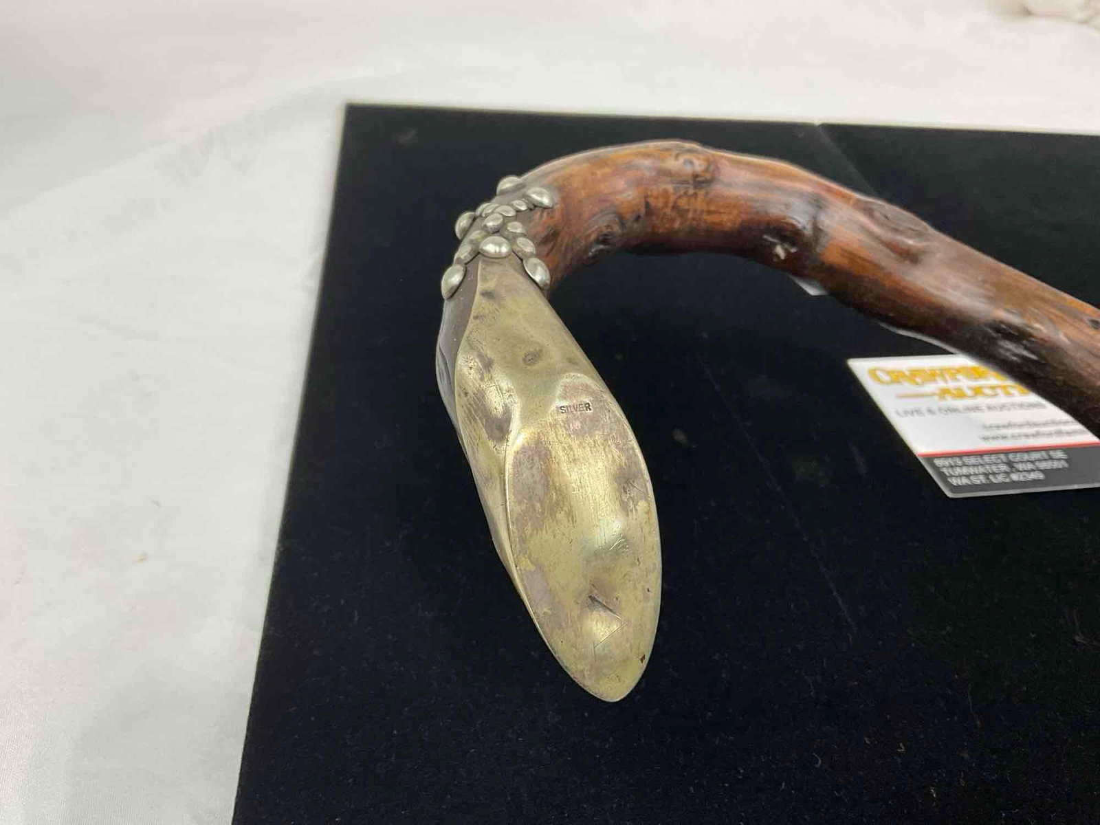 Antique Silver Capped Curved Briarwood Cane, 36h x 6w x 2d inches - 3