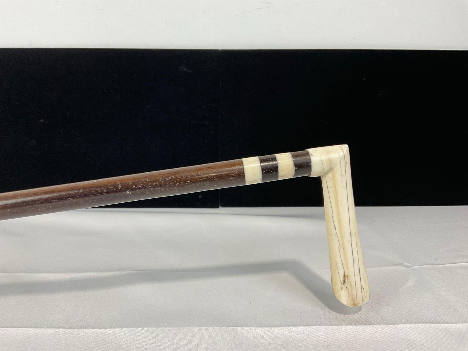 Antique Bone & Dark Wood Cane, Lovely Black & White Design, 36h x 6w x 3d inches - 2