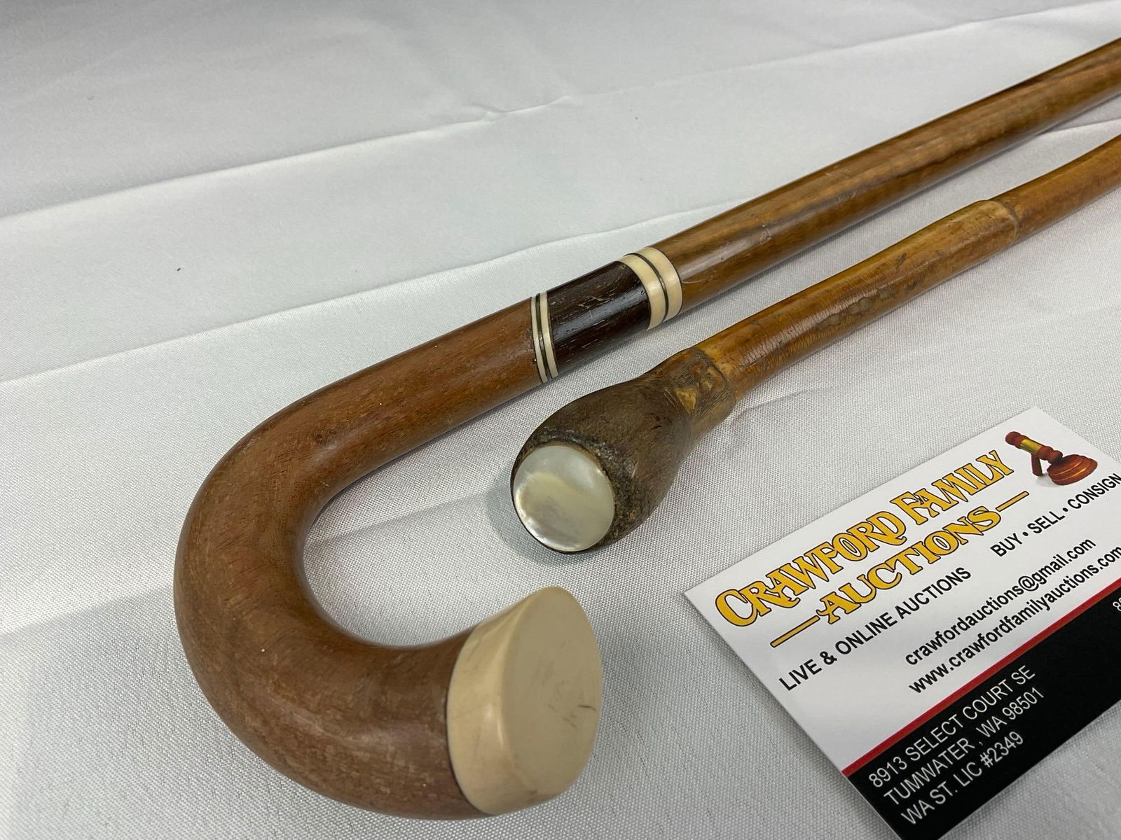 Pair of Walking Sticks, Curved Cane, Inlaid Bone & Dark Wood Motif, 1 w/MOP End Cap - 2