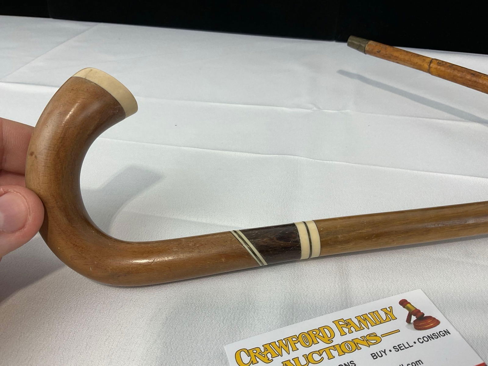 Pair of Walking Sticks, Curved Cane, Inlaid Bone & Dark Wood Motif, 1 w/MOP End Cap - 3