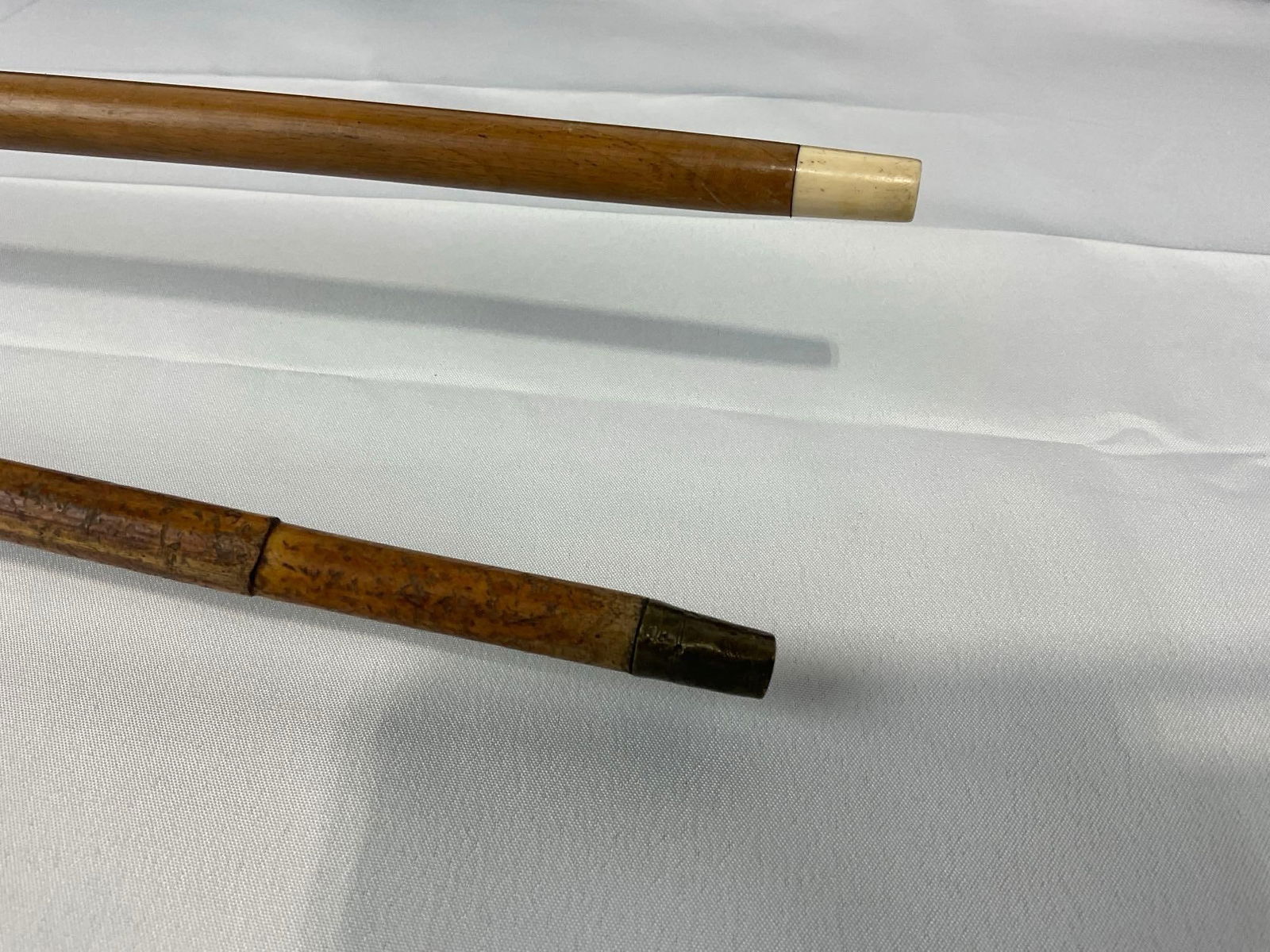 Pair of Walking Sticks, Curved Cane, Inlaid Bone & Dark Wood Motif, 1 w/MOP End Cap - 4