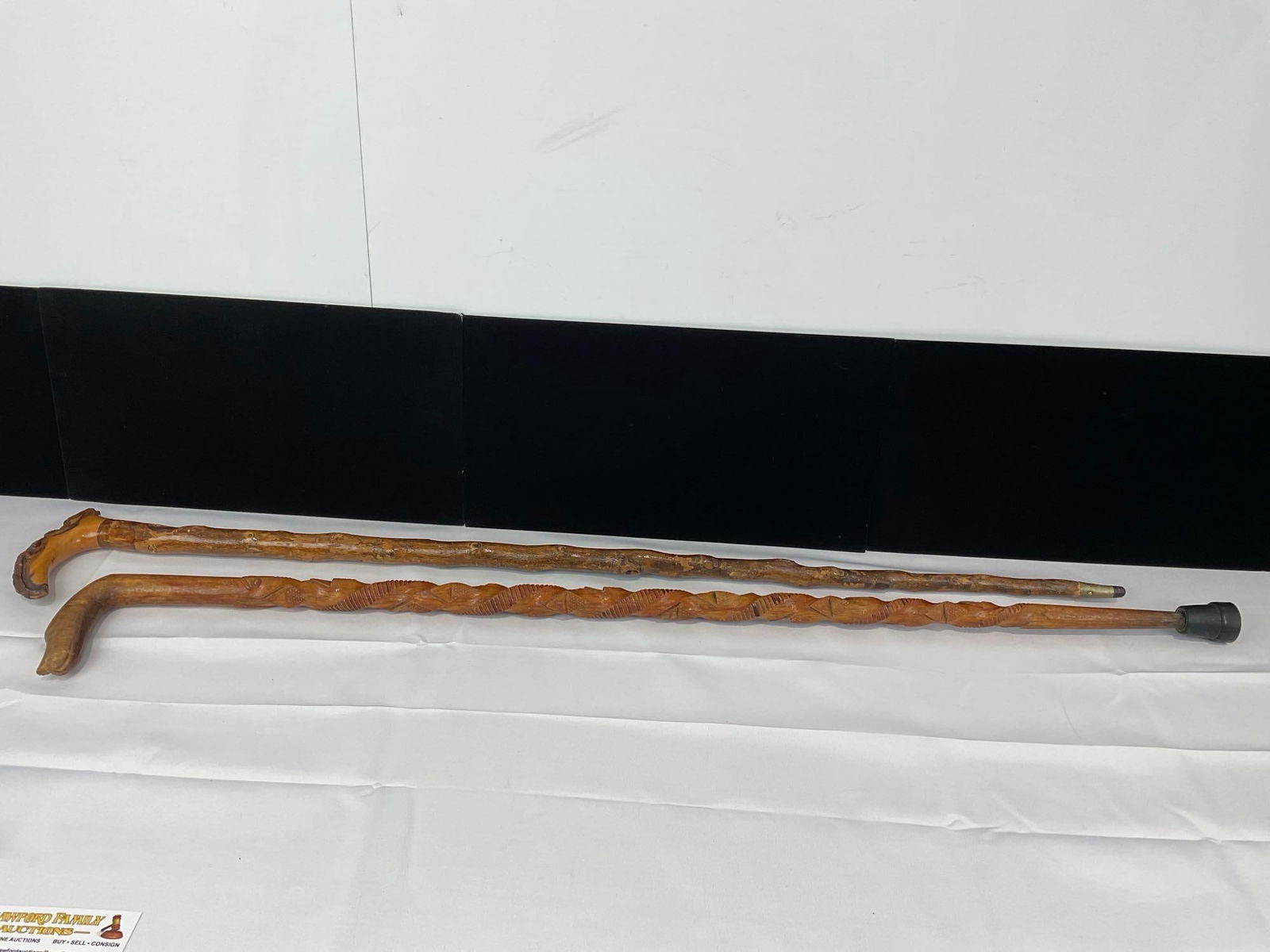 Pair of Carved Wooden Walking Sticks, Caiman Alligator Handle, & Textured Cane, 36h x 6w x 3d inc... - 3