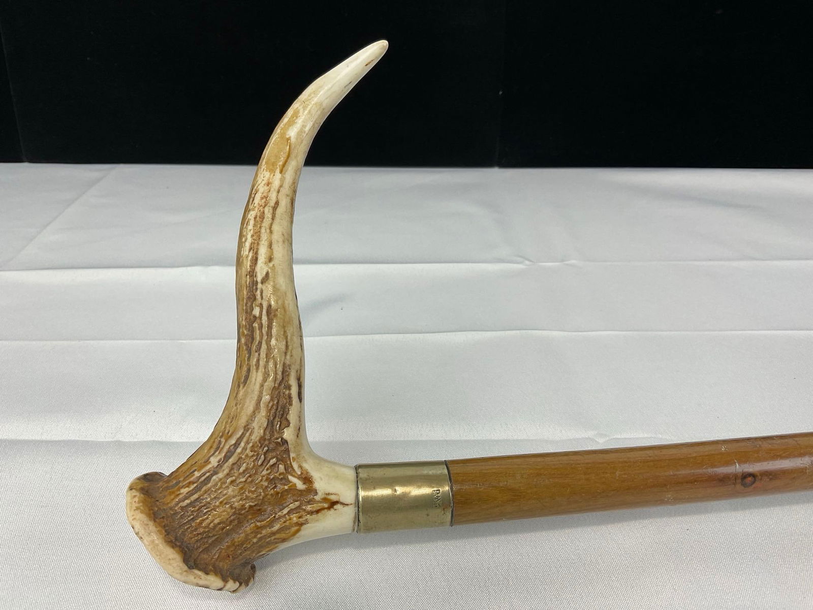 Vintage Antler Handled Walking Stick w/ Nickel Silver Collar, 36h x 7w x 3d inches - 2