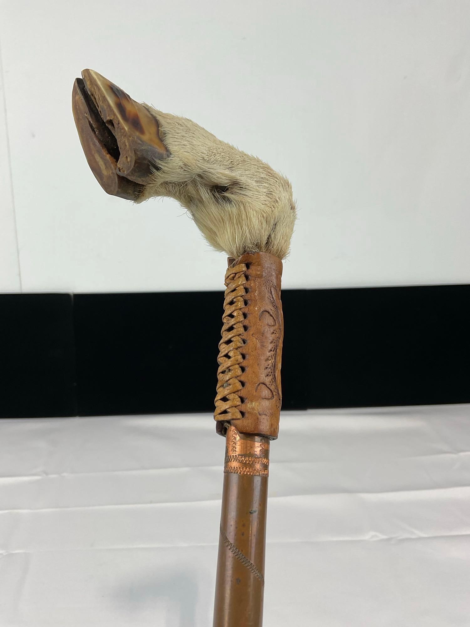 Very Unique Goat Hoof Handled Copper Shaft Walking Stick, Engraved spiral pattern, Leather Collar (1 of 4)