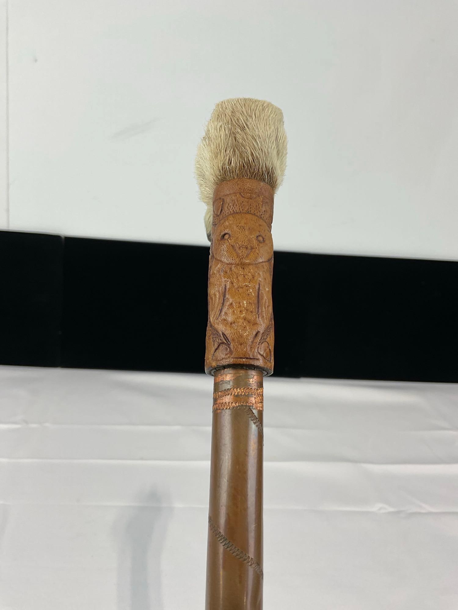 Very Unique Goat Hoof Handled Copper Shaft Walking Stick, Engraved spiral pattern, Leather Collar - 2