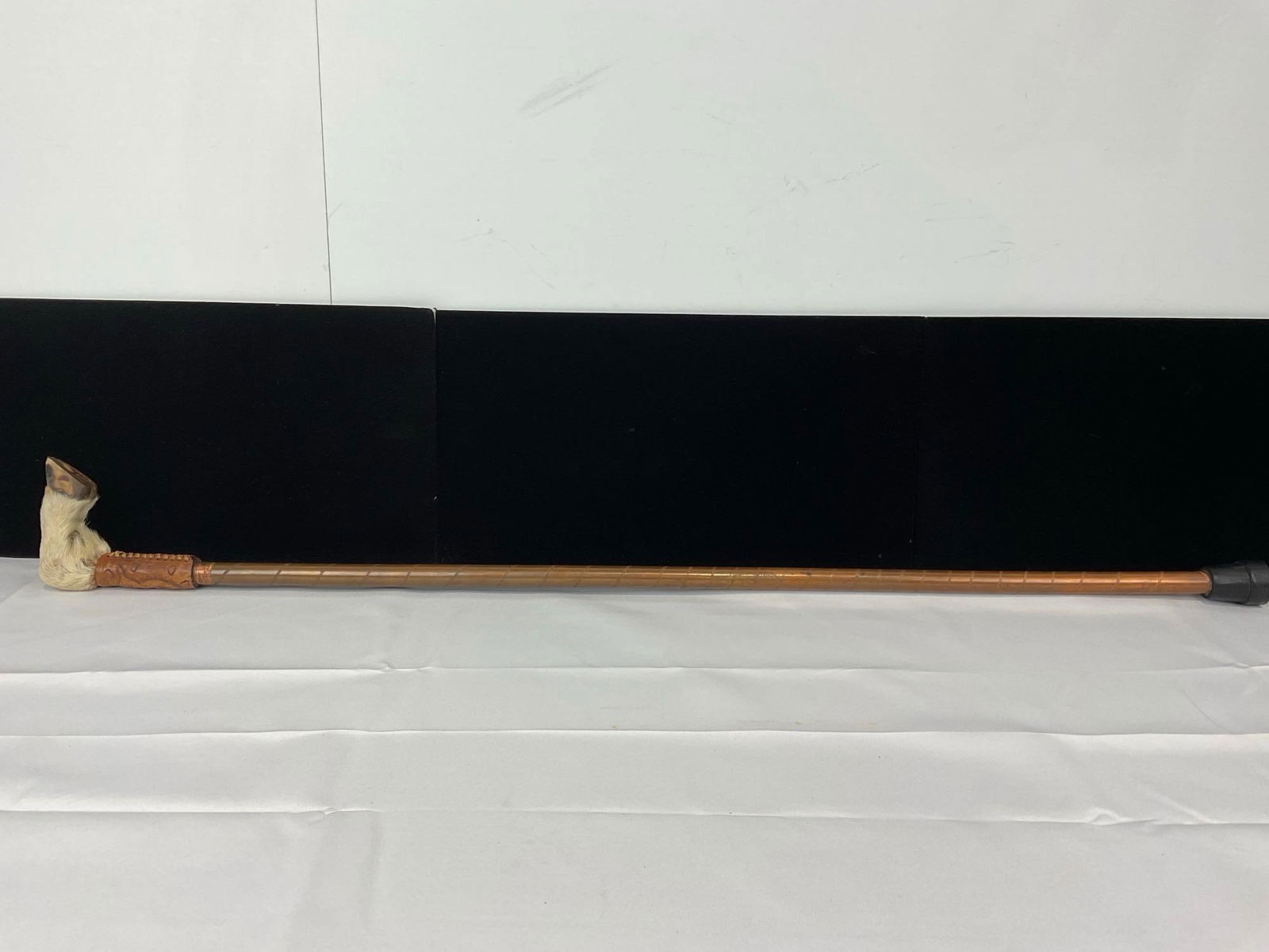 Very Unique Goat Hoof Handled Copper Shaft Walking Stick, Engraved spiral pattern, Leather Collar - 3