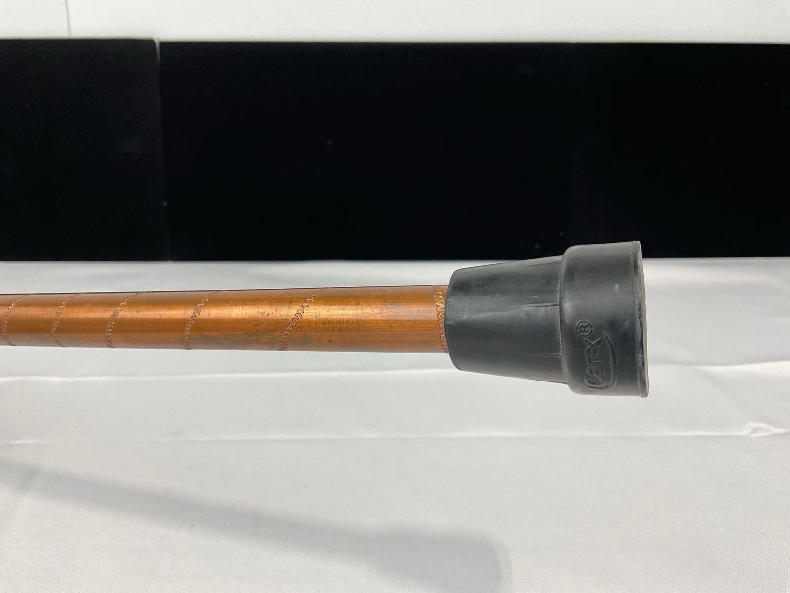 Very Unique Goat Hoof Handled Copper Shaft Walking Stick, Engraved spiral pattern, Leather Collar - 4