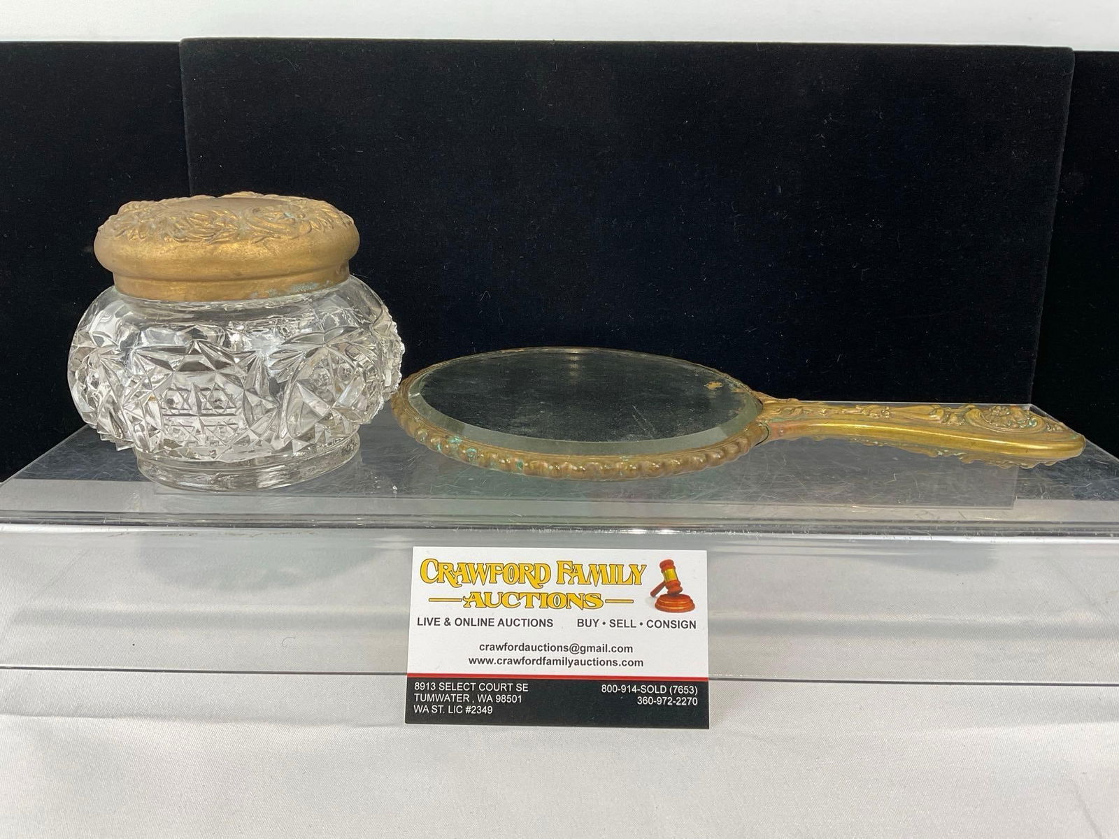 Early 20th Century Cut Glass Vanity Powder Jar & Bronze Vanity Mirror, Repousse Design Handpainted: Appears to be in good shape. The piece measures approx 6h x 10w x 6d inches. See pics. E-5440 