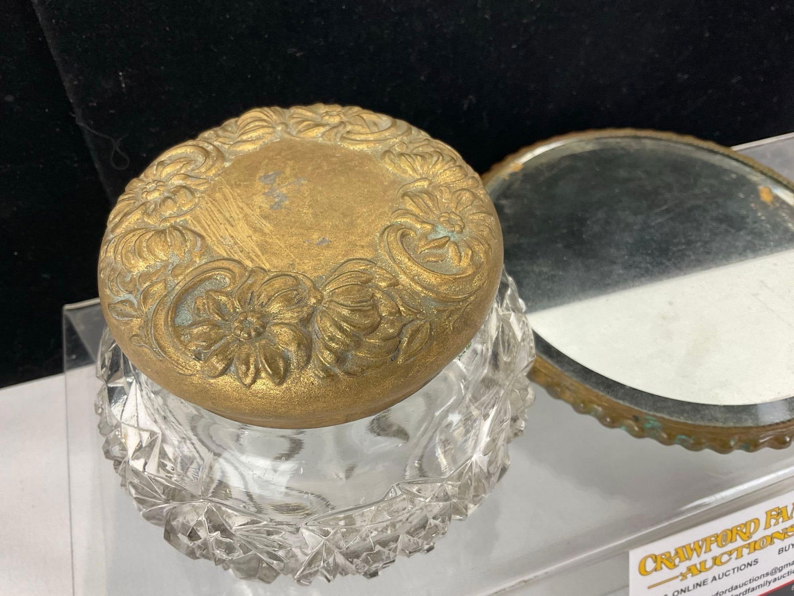 Early 20th Century Cut Glass Vanity Powder Jar & Bronze Vanity Mirror, Repousse Design Handpainted - 2