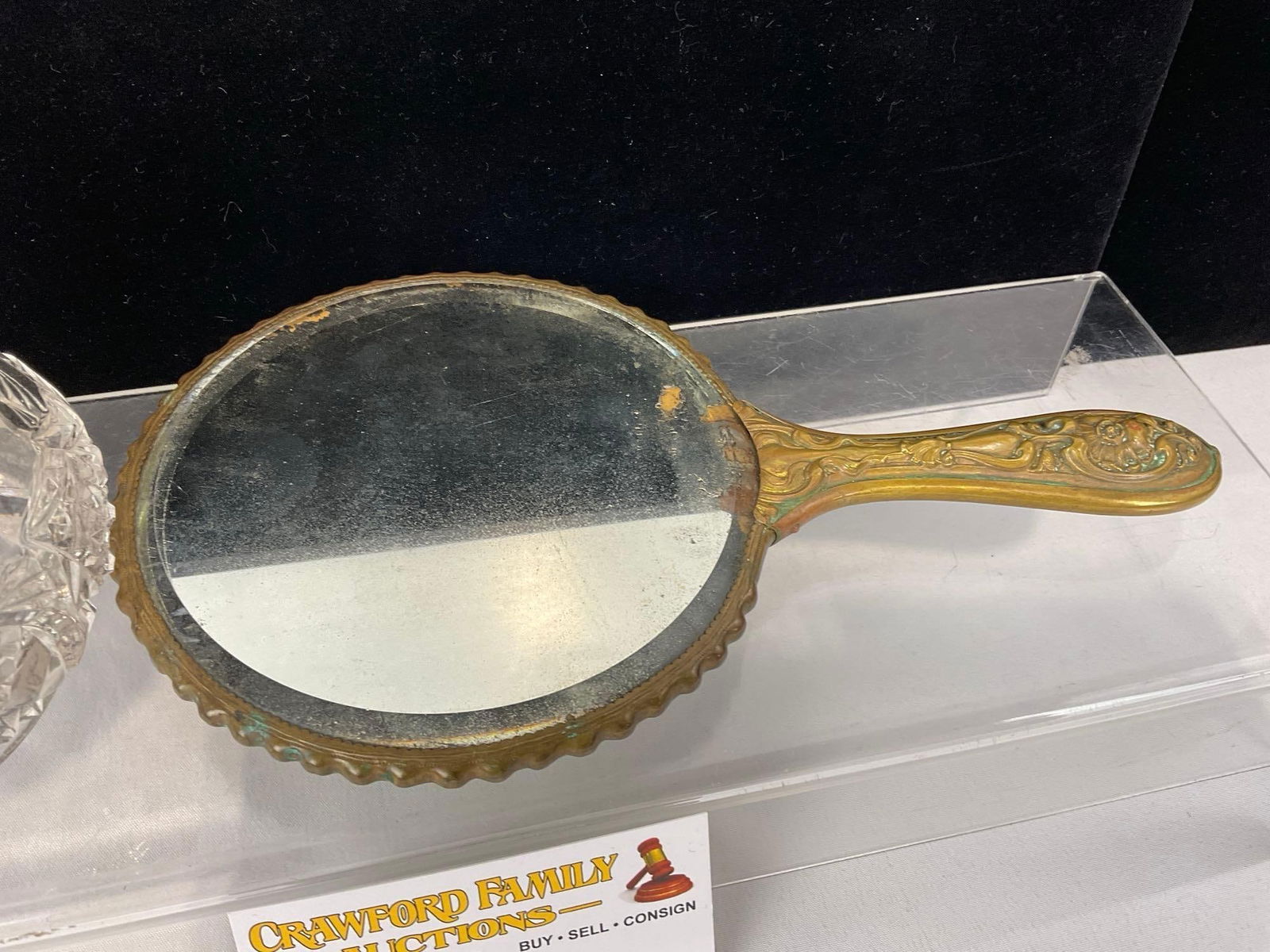 Early 20th Century Cut Glass Vanity Powder Jar & Bronze Vanity Mirror, Repousse Design Handpainted - 3