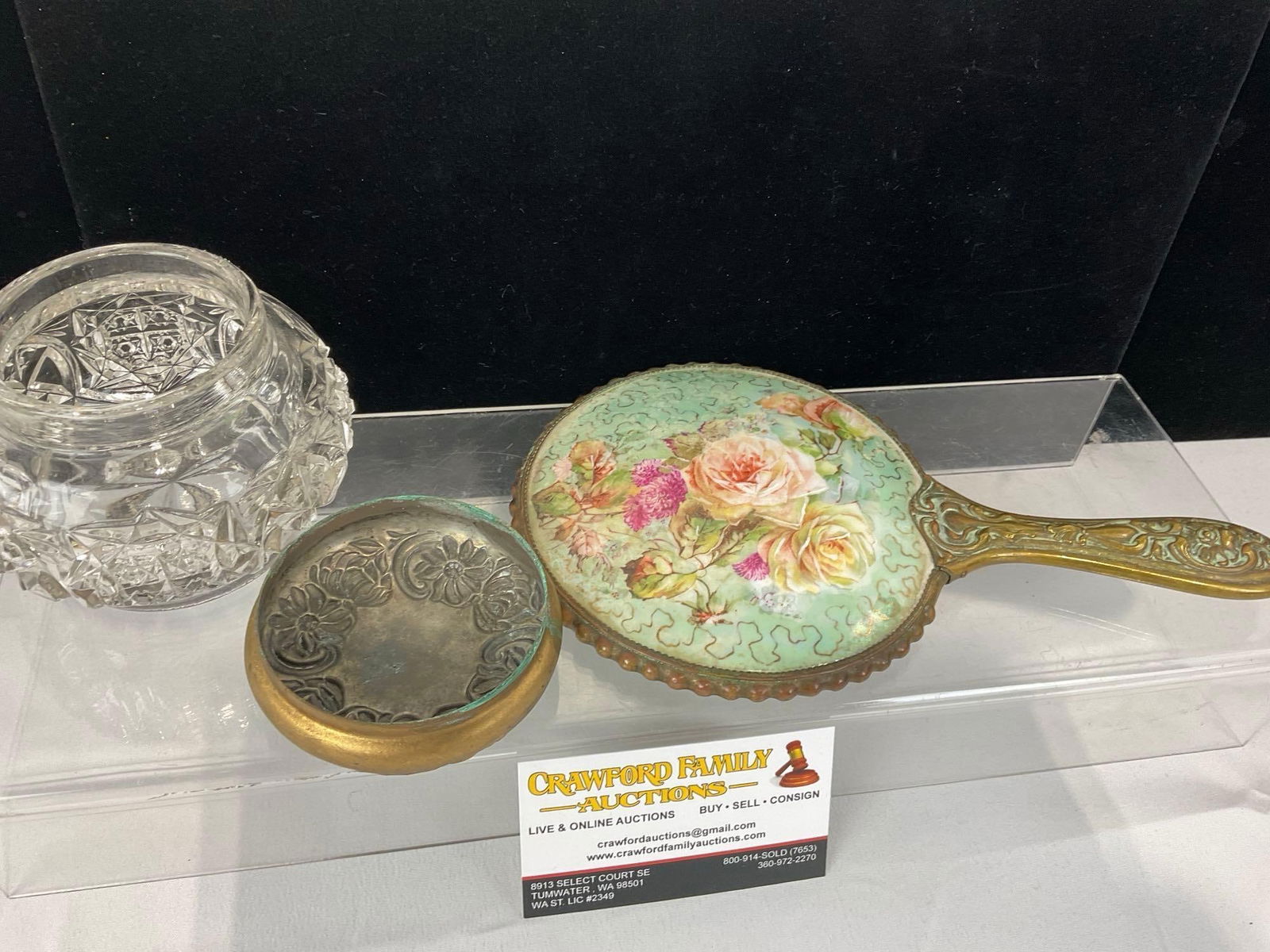 Early 20th Century Cut Glass Vanity Powder Jar & Bronze Vanity Mirror, Repousse Design Handpainted - 4