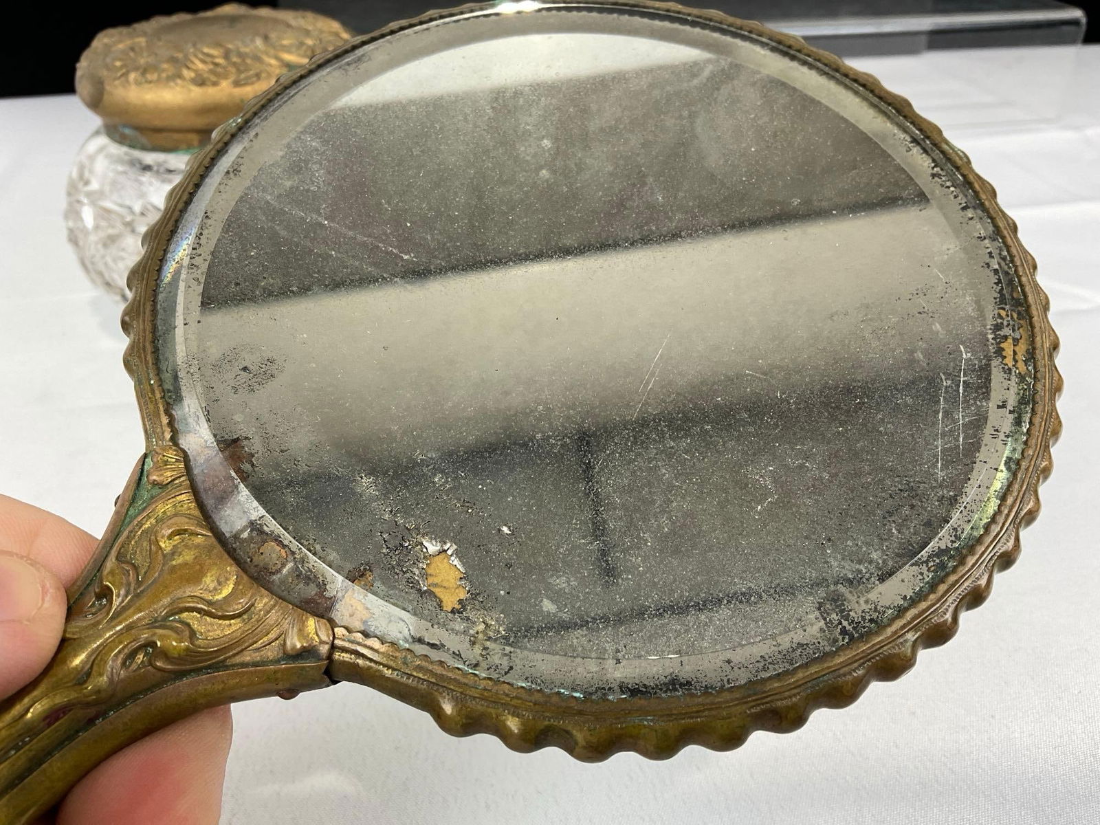 Early 20th Century Cut Glass Vanity Powder Jar & Bronze Vanity Mirror, Repousse Design Handpainted - 6