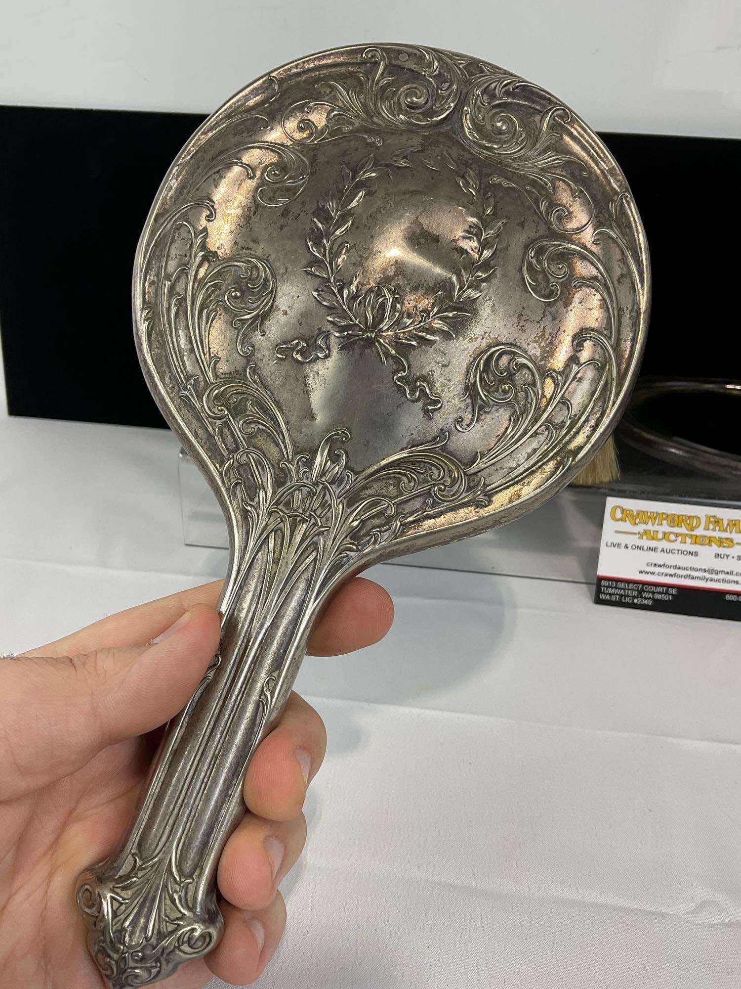 5 Silver Plated Hollowware pieces, 2 Vanity Mirrors & 3 Brushes, Quad Plate, Victor Silver Co & m... - 5