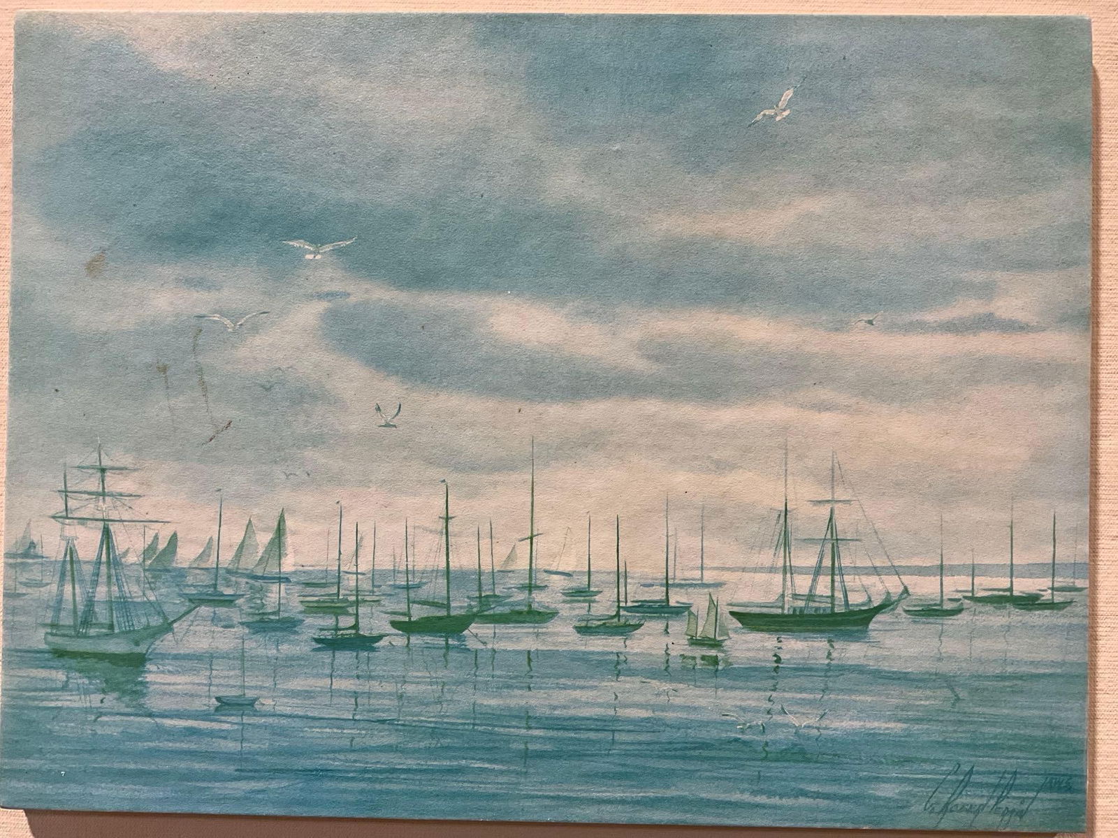 Framed Litho Blue Harbored Ships by C. Robert Perrin, 19h x 26w x 3d inches - 2