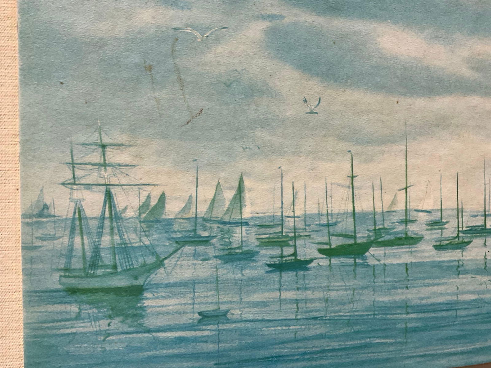 Framed Litho Blue Harbored Ships by C. Robert Perrin, 19h x 26w x 3d inches - 3