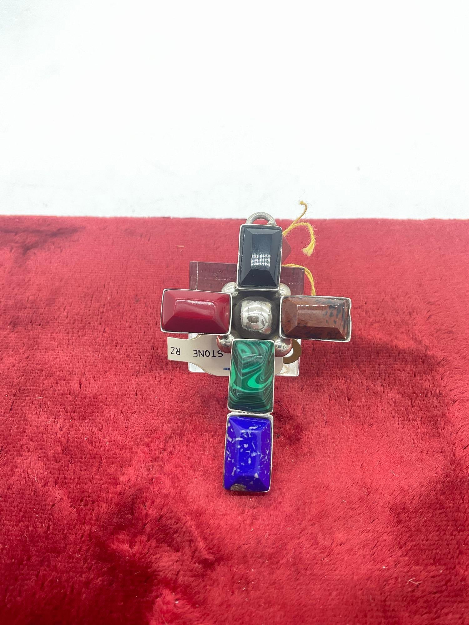 Gorgeous Sterling silver semi-precious gemstone SW cross w/ malachite, lapis etc: Signed Sterling, Mexico original price tag included of $149 Jc-5320 