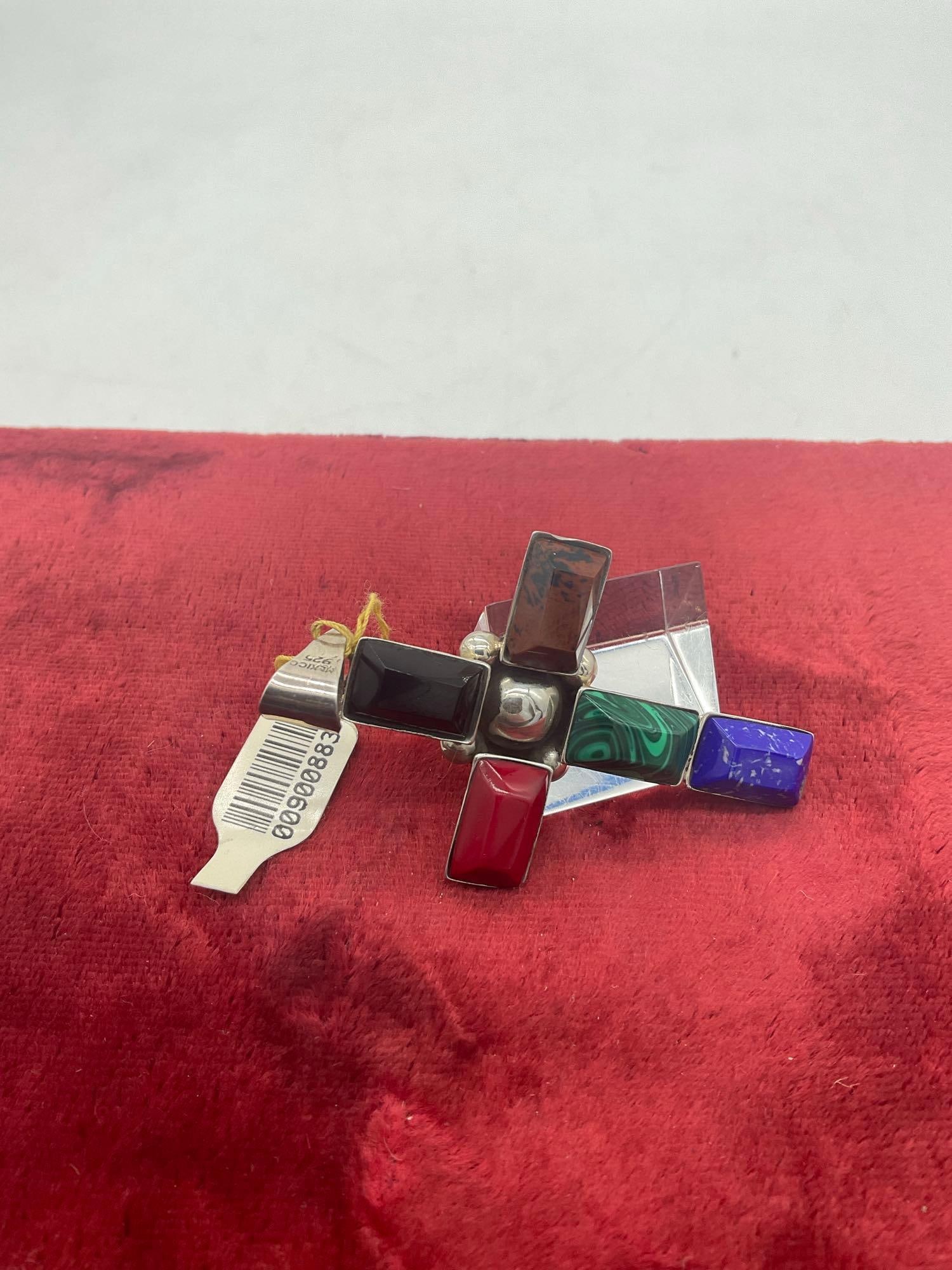 Gorgeous Sterling silver semi-precious gemstone SW cross w/ malachite, lapis etc - 4