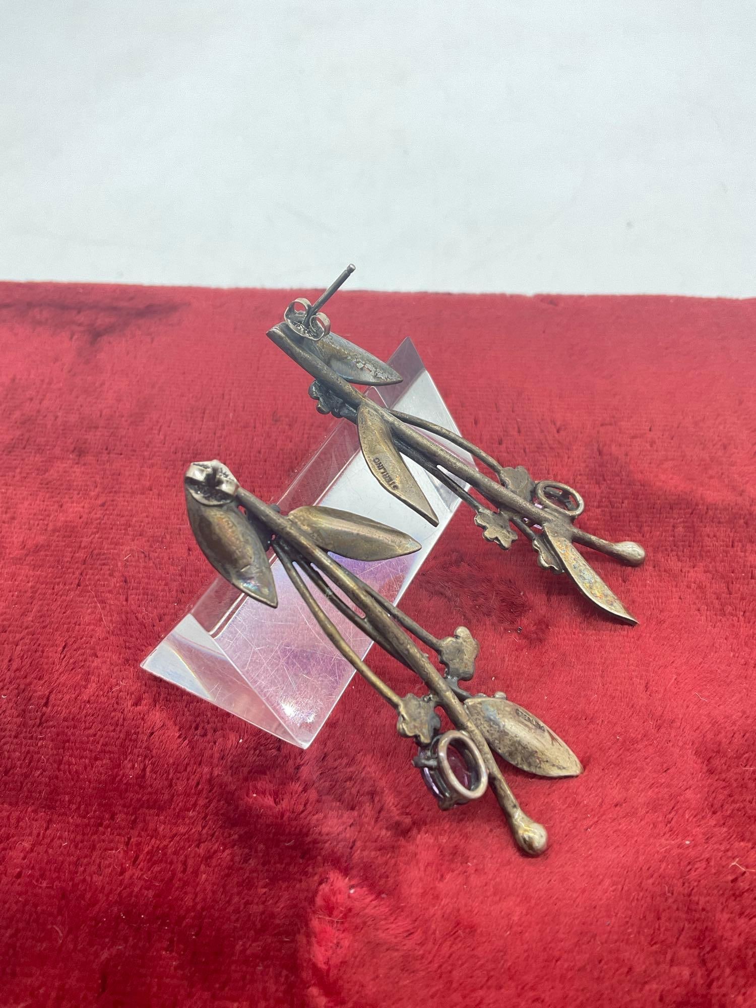 Victorian style vintage sterling silver floral earrings w/ amethyst tone crystal setting - 3