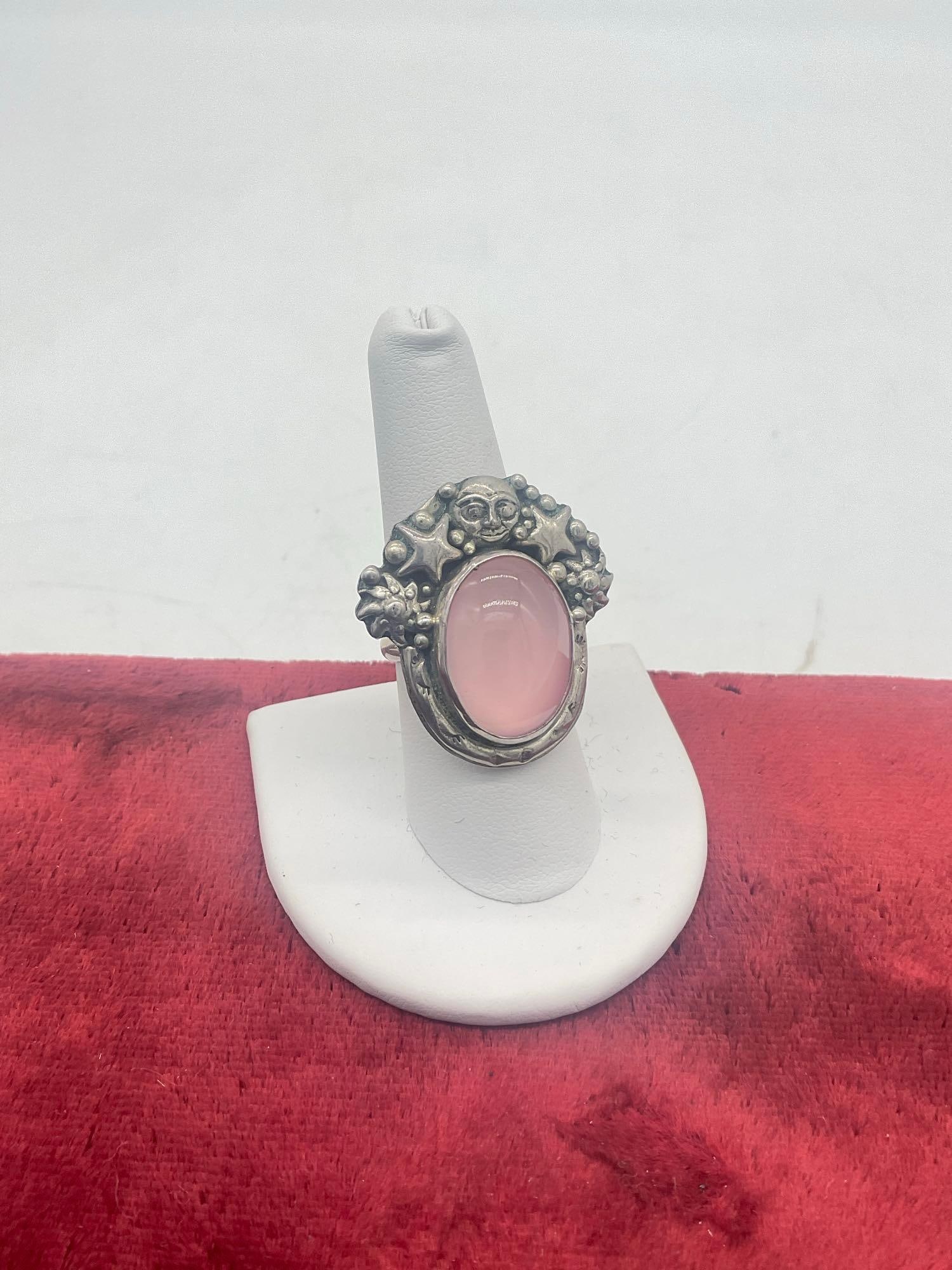 Rare 1991 Carol Felley Sterling silver Native American Moon & Stars Pink Quartz cocktail ring: Native American style design, signed by Carol Felley via hallmark and marked sterling on the band sz 8 Jc-5320