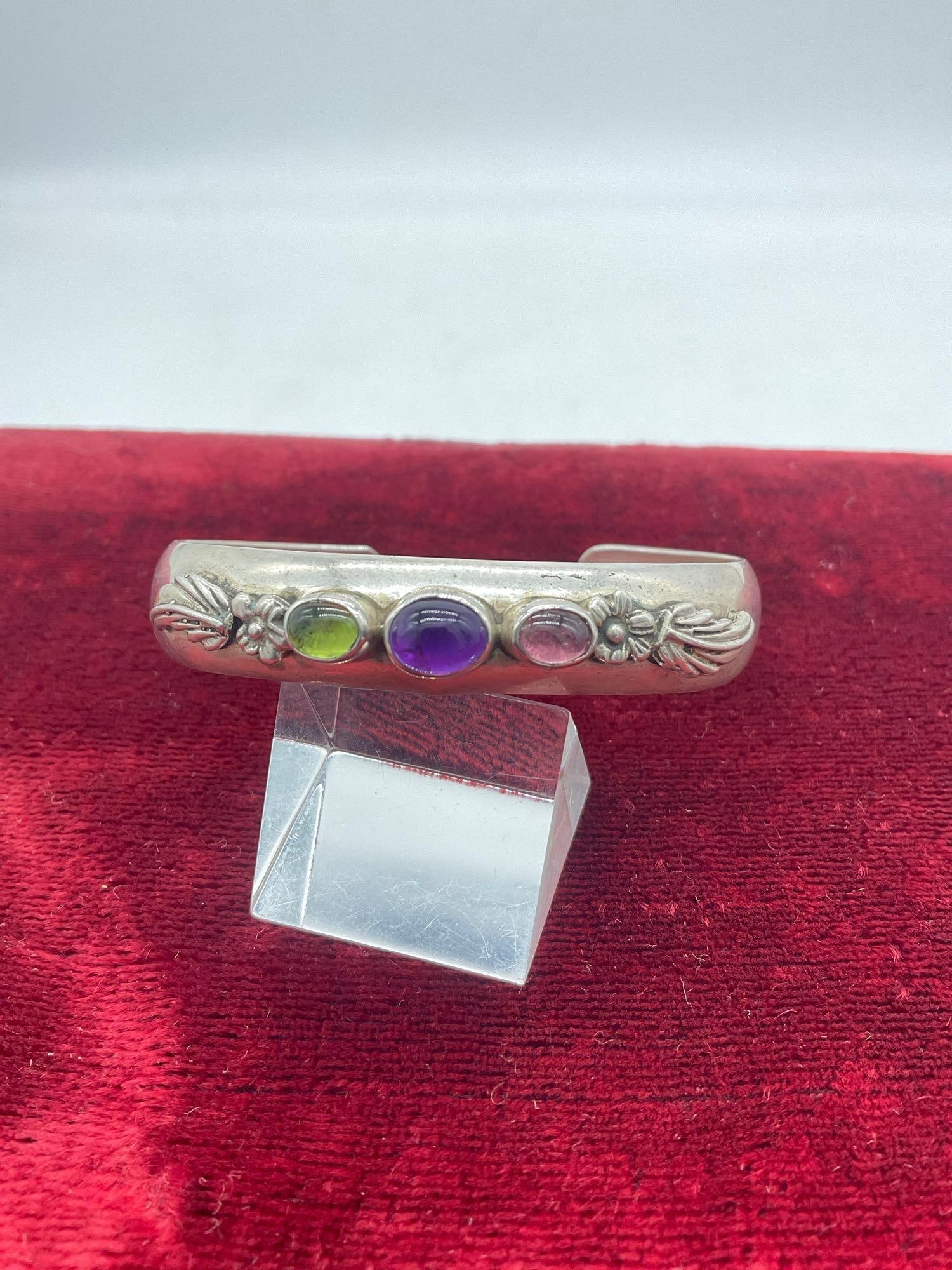 Vintage 1986 Carol Felley Sterling silver and multi gemstone floral themed bangle bracelet: Jc-5320 