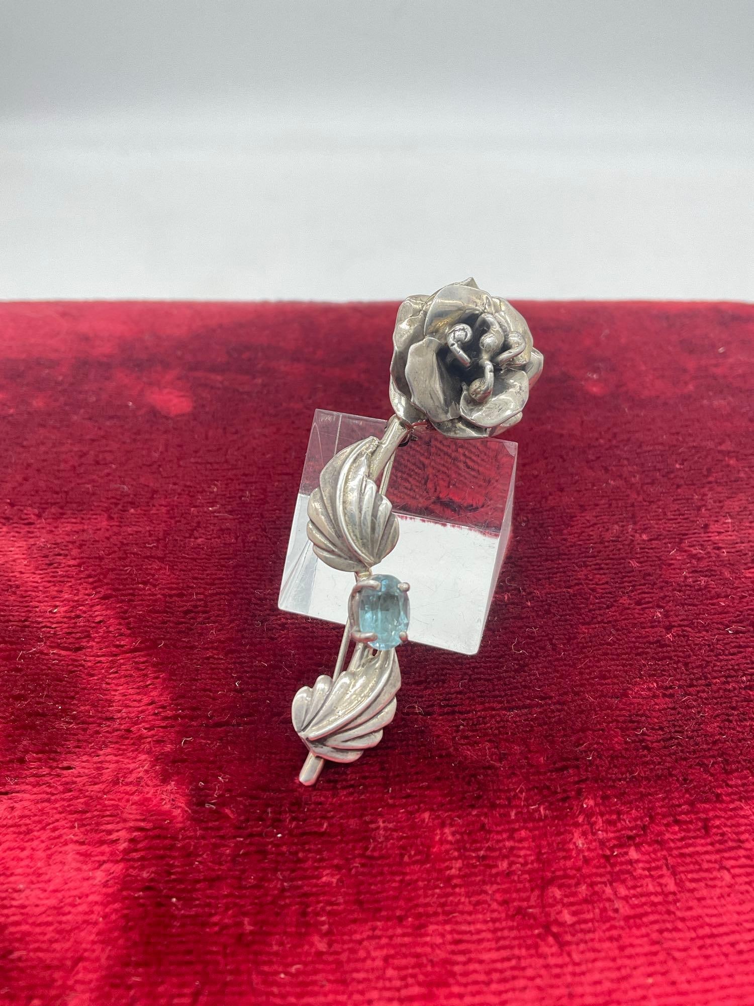 Vintage sterling silver 1987 Carol Felley floral brooch pin with blue topaz setting - 2