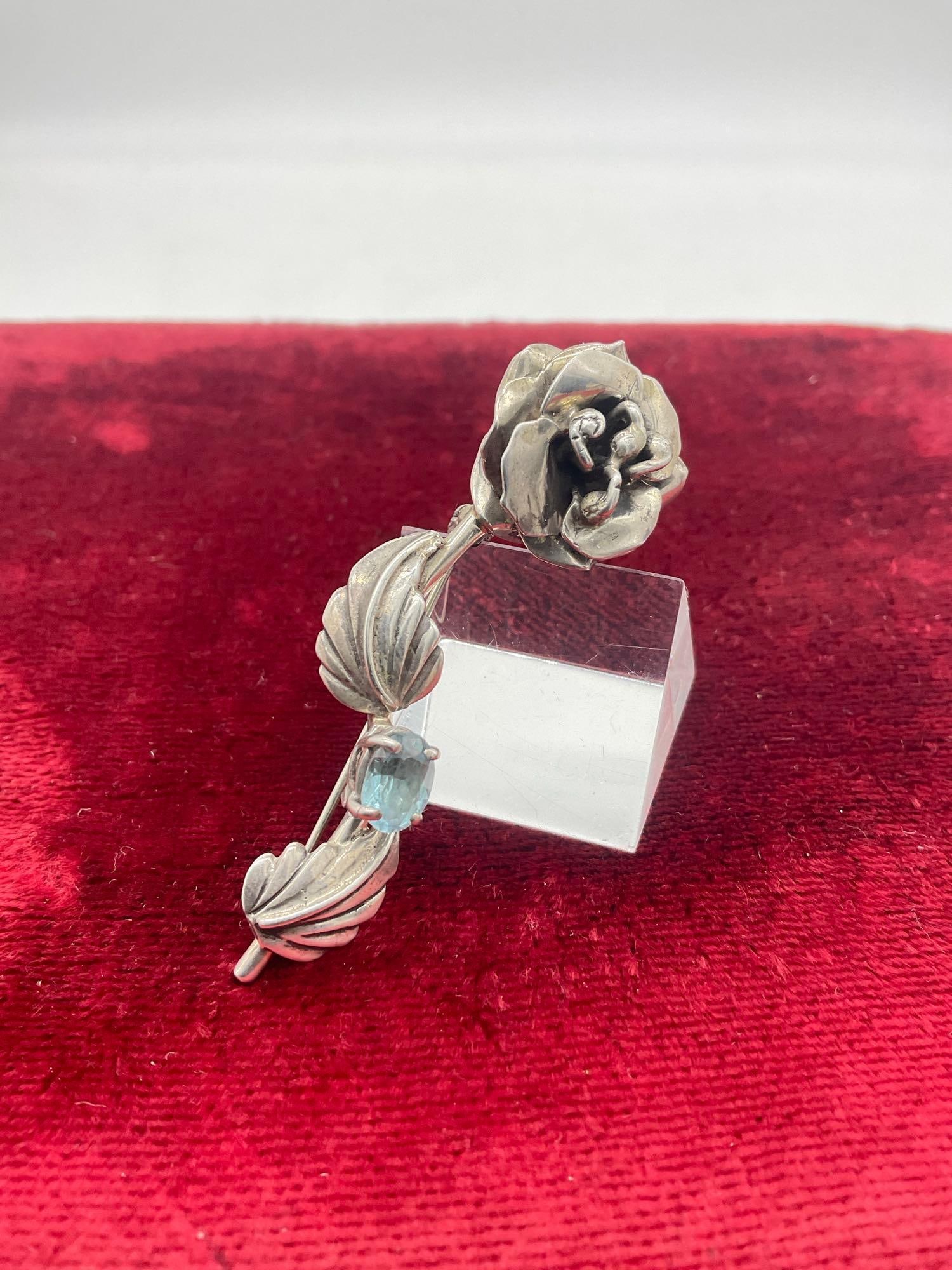 Vintage sterling silver 1987 Carol Felley floral brooch pin with blue topaz setting - 4