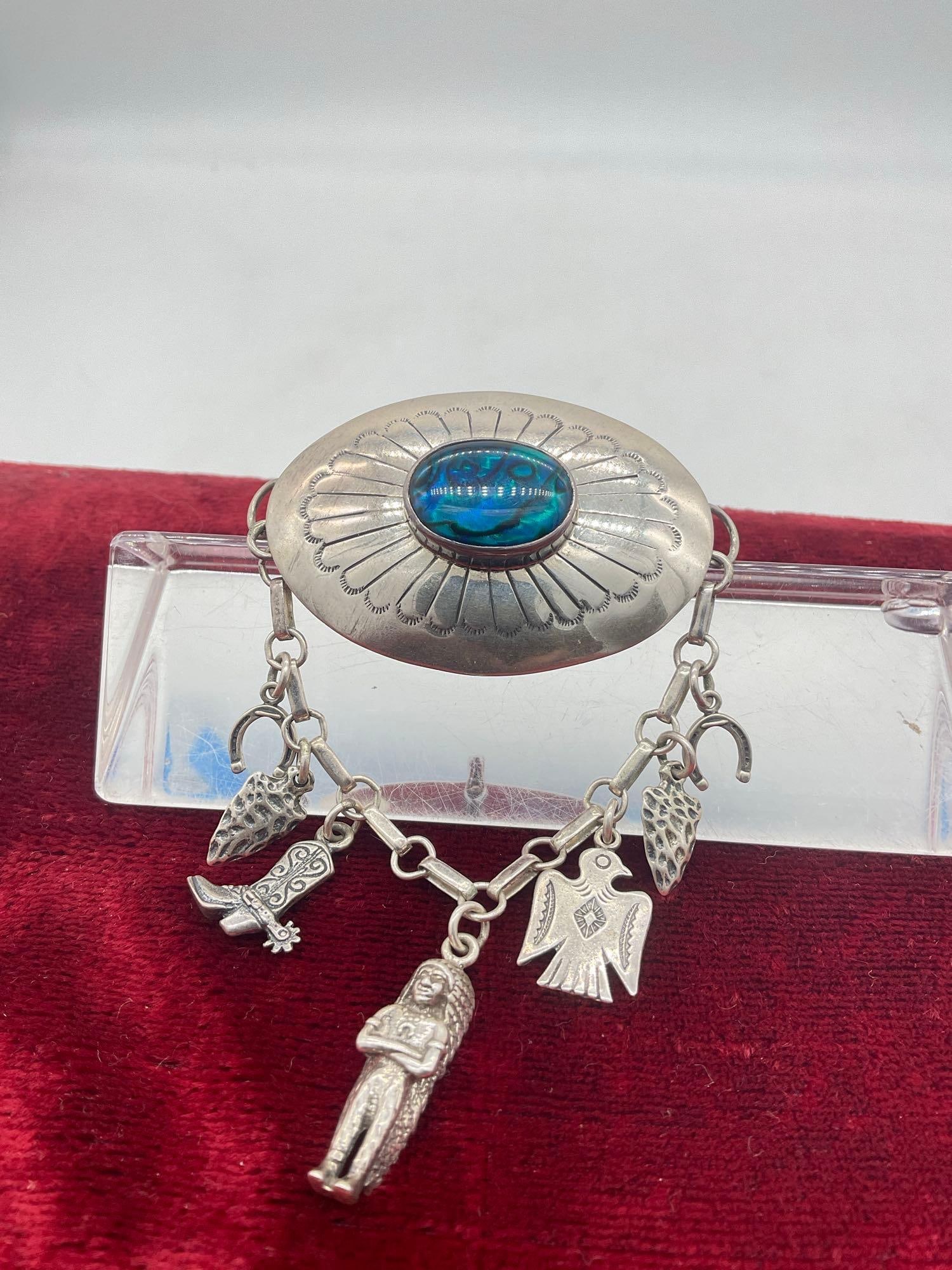 Rare 1986 Carol Felley Sterling silver brooch w/ Native American charms & design setting: Jc-5320