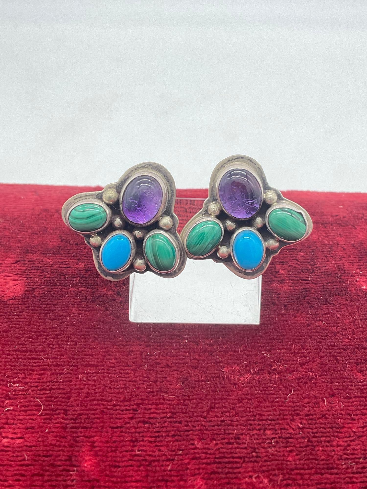 Vintage Sterling silver NAKAI Native American colorful stud earrings w/ turquoise & malachite: Jc-5320